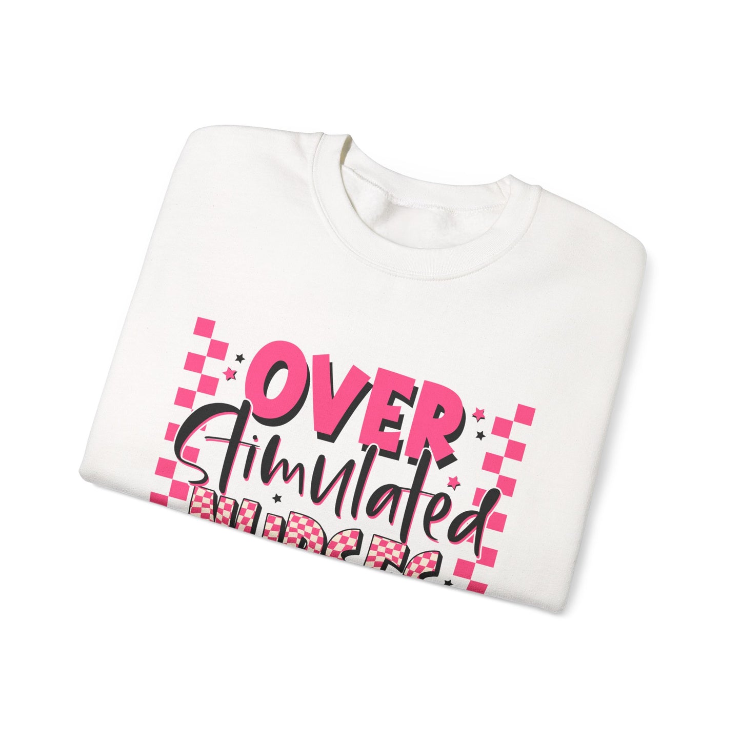 Crewneck Sweatshirt — "Overstimulated Nurses Club" Pink Checker Graphic