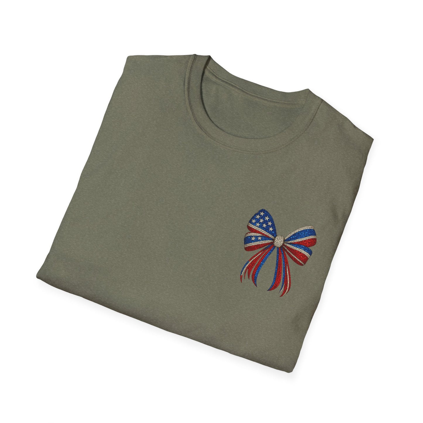 Patriotic Tee - "Land of the Free Because of the Brave" American Flag Bow