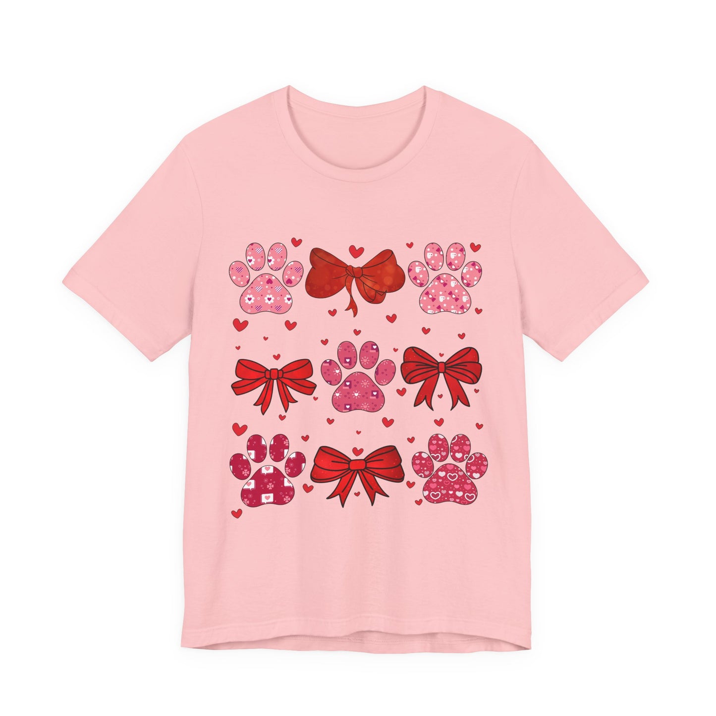 Valentine Paw Prints T‑Shirt — Cute Red Bows & Hearts Pet Lover Tee