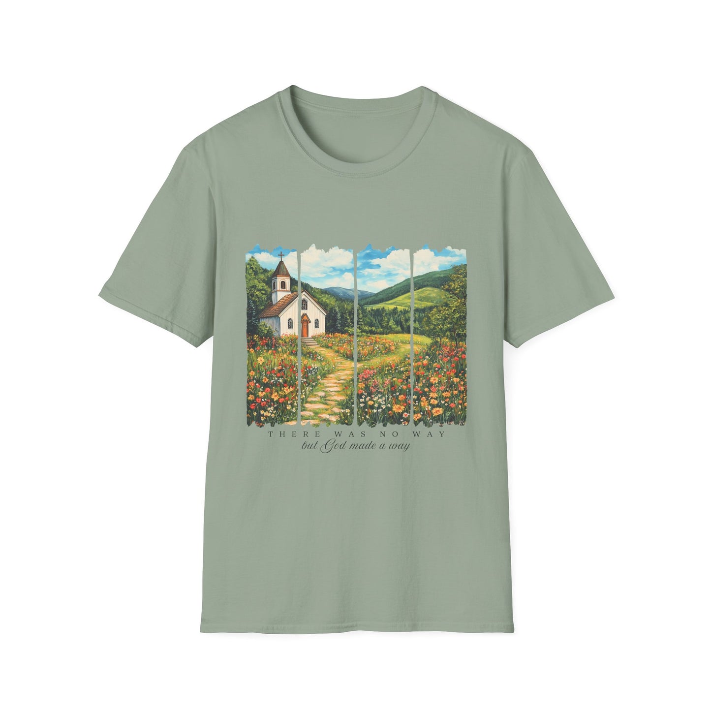 Scenic Chapel Landscape T-Shirt — Countryside Floral Mountain Art Tee