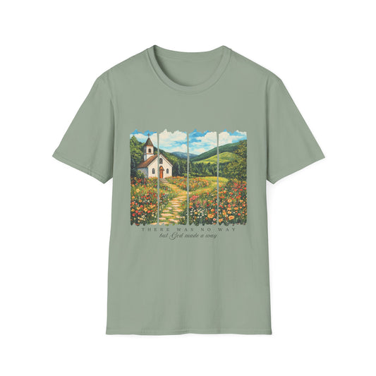 Scenic Chapel Landscape T-Shirt — Countryside Floral Mountain Art Tee