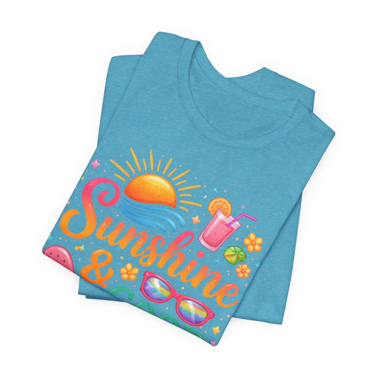 Sunshine & Good Vibes T-Shirt | Summer Beach Drink Sunglasses Popsicle Design