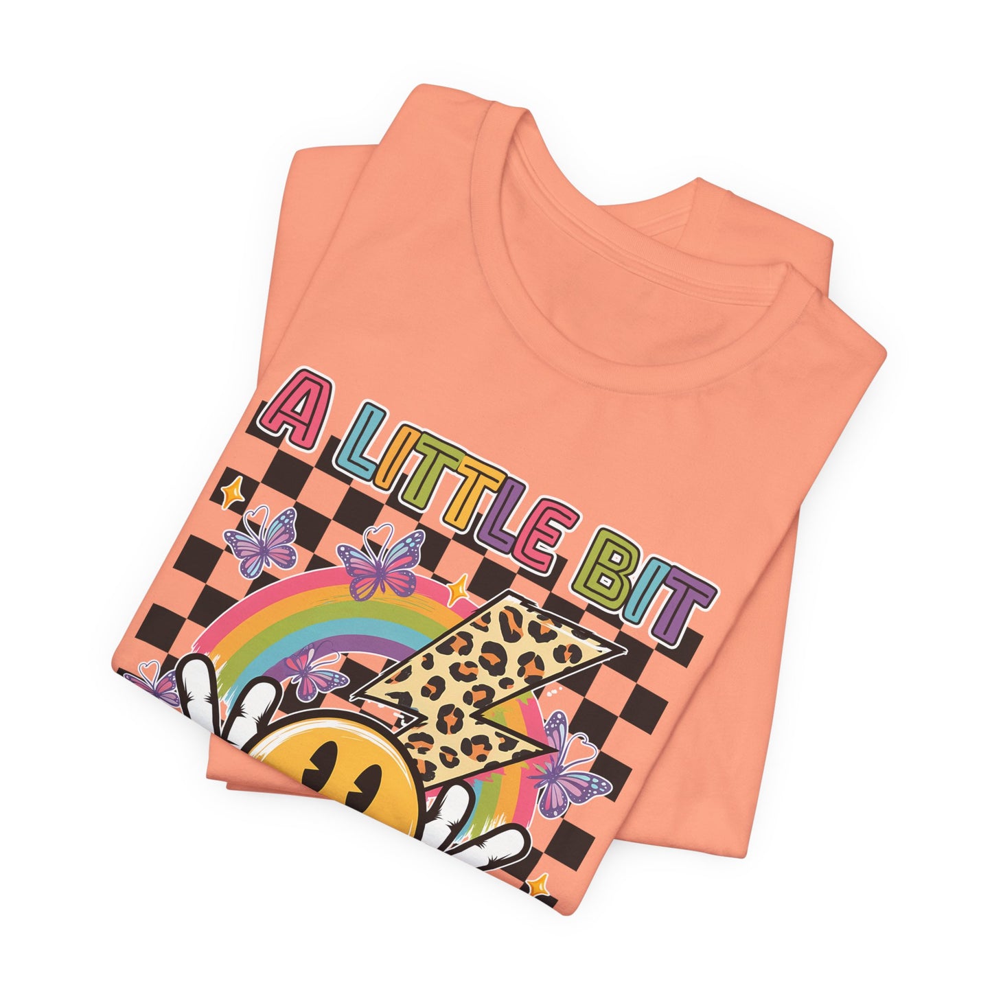 A Little Bit Dramatic Graphic Tee — Smiley Rainbow Checkerboard T-Shirt