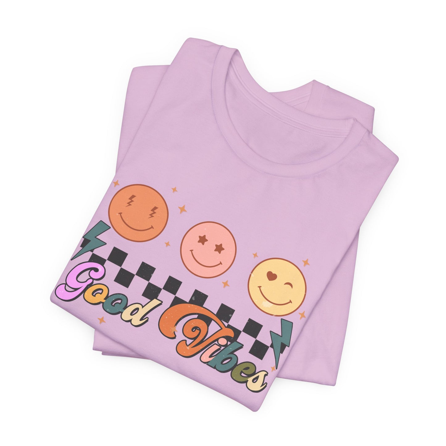 Good Vibes Smiley Tee — Retro Checkerboard Positive Graphic T-Shirt