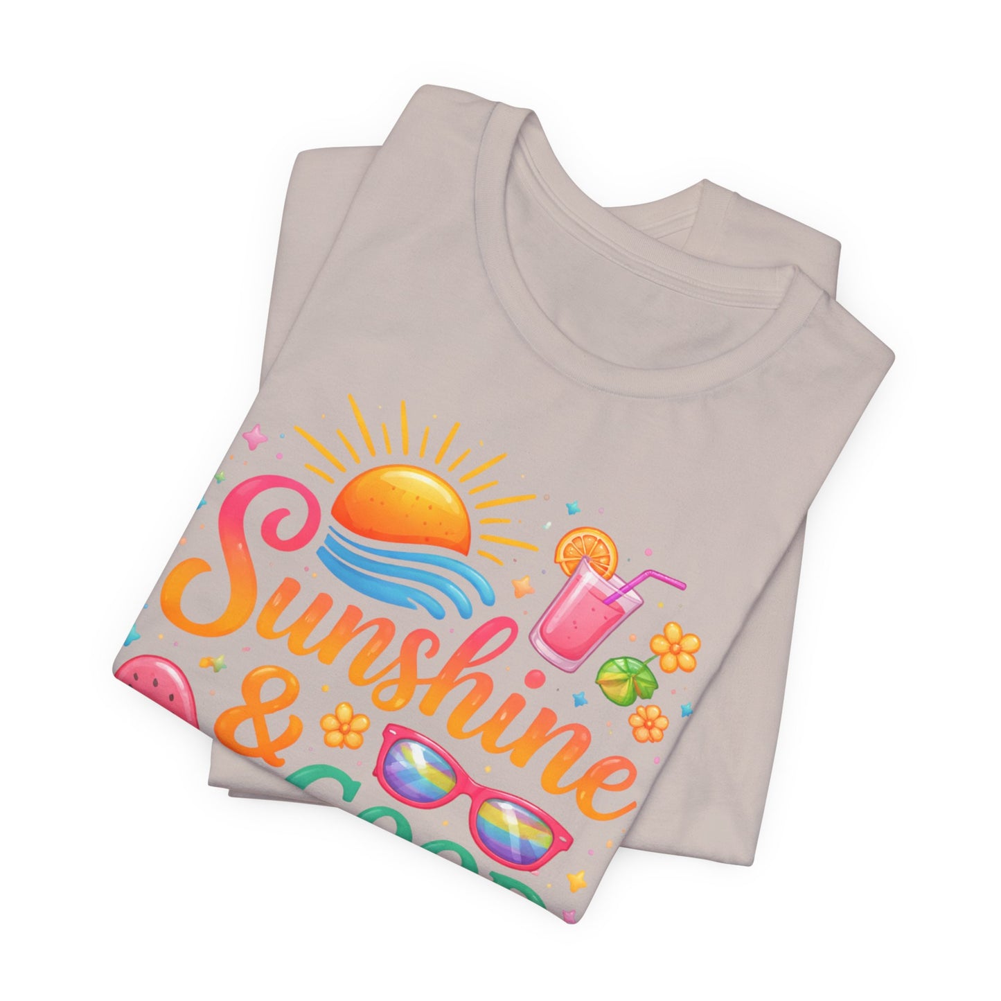 Sunshine & Good Vibes T-Shirt | Summer Beach Drink Sunglasses Popsicle Design