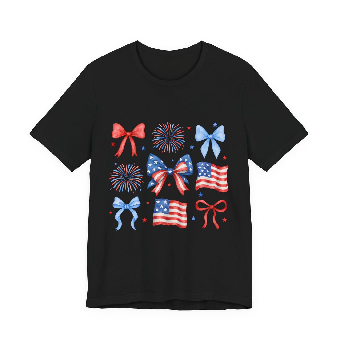 Patriotic Bows & Flags Tee — 4th of July Fireworks Graphic T-Shirt