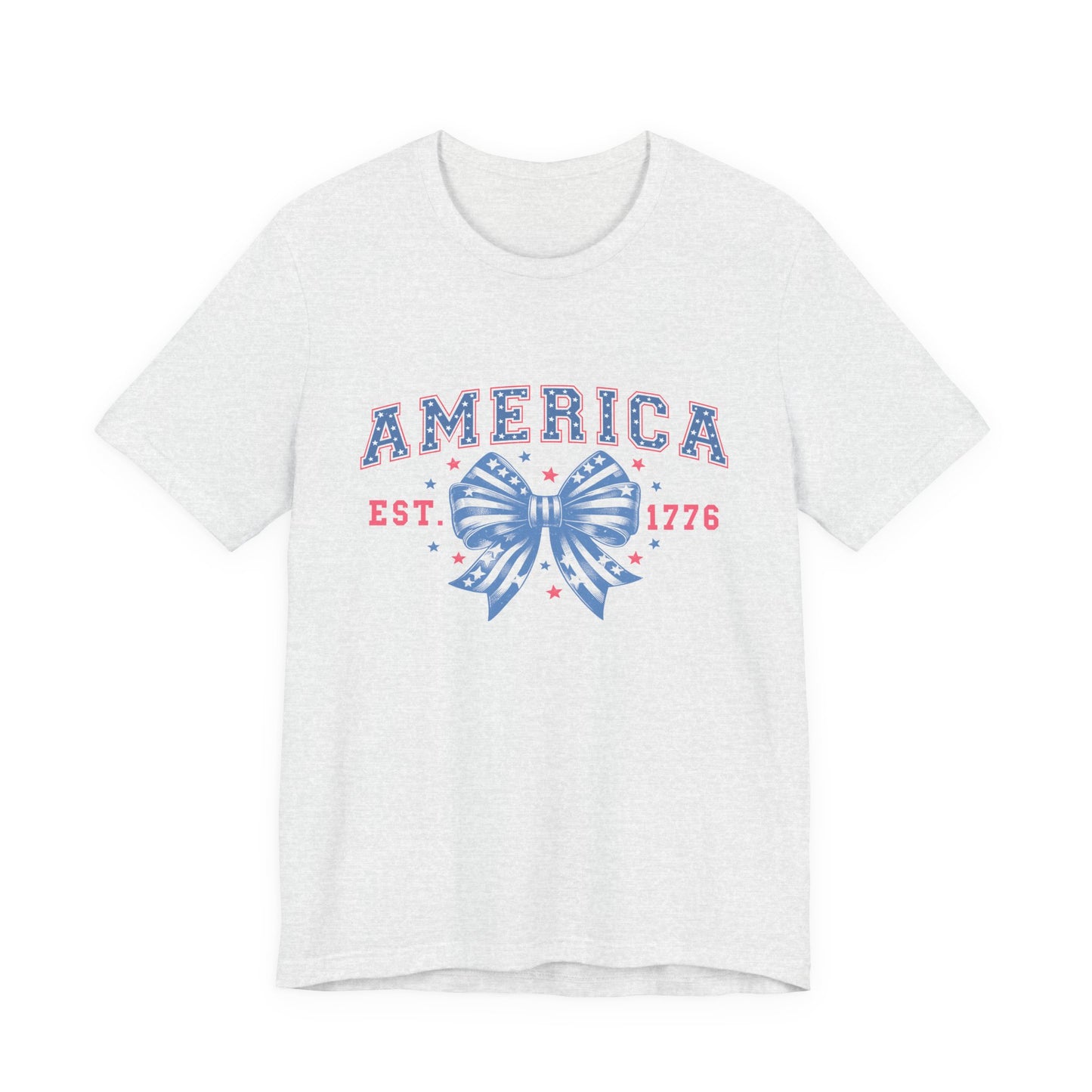 America Est. 1776 Patriotic T-Shirt – Stars & Stripes Bow Graphic