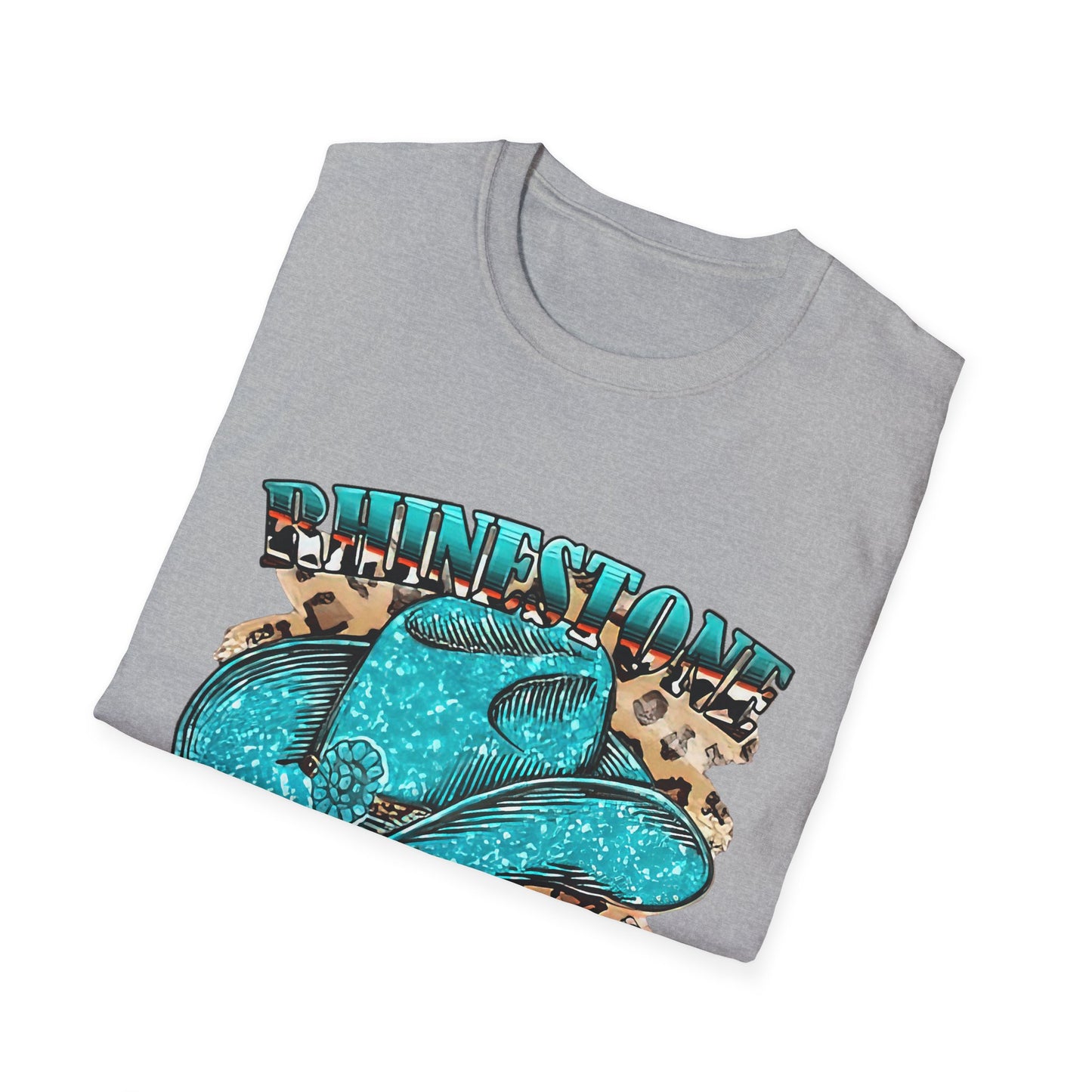 Rhinestone Cowgirl Tee – Turquoise Cowboy Hat on Leopard Print