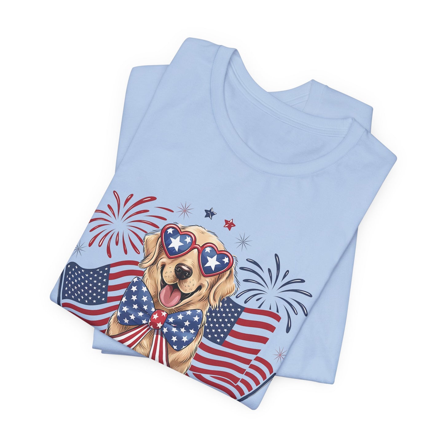 Patriotic Golden Retriever T‑Shirt — USA Flag Dog with Fireworks
