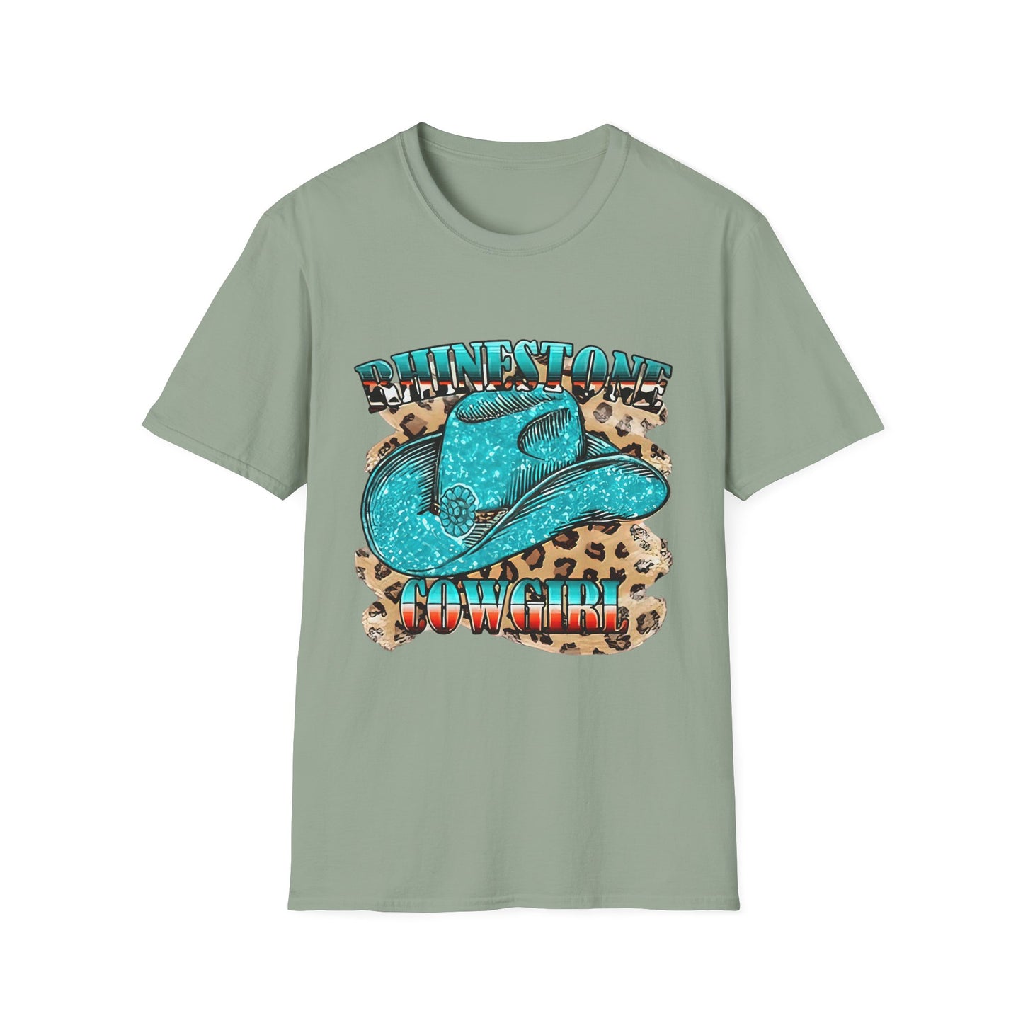 Rhinestone Cowgirl Tee – Turquoise Cowboy Hat on Leopard Print