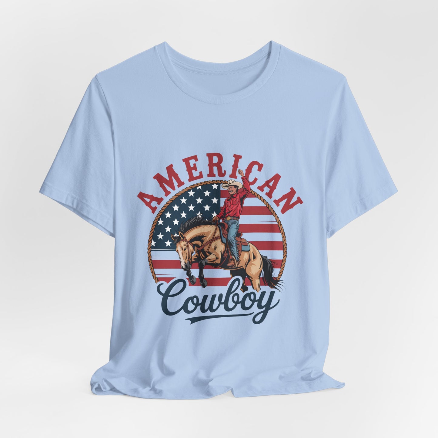 American Cowboy T-Shirt – patriotic rodeo tee with flag and rider