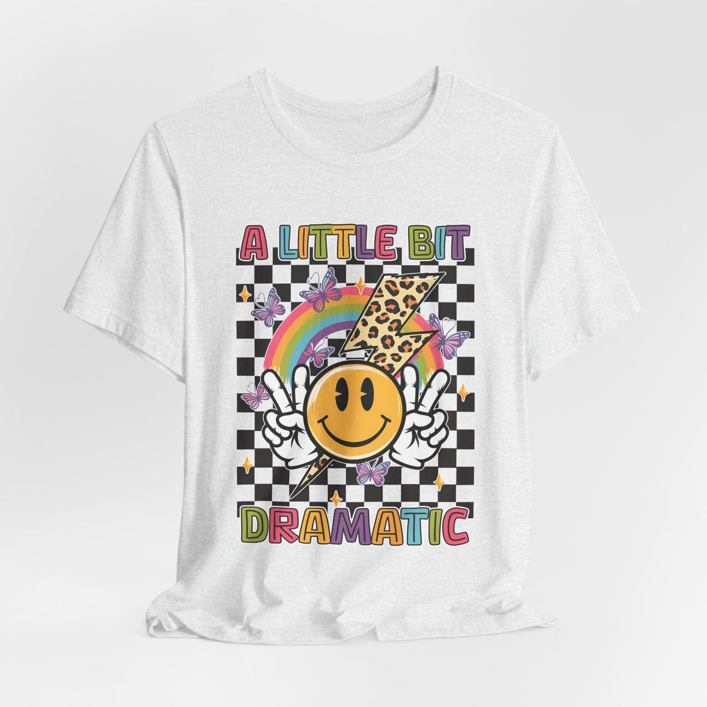 A Little Bit Dramatic Graphic Tee — Smiley Rainbow Checkerboard T-Shirt