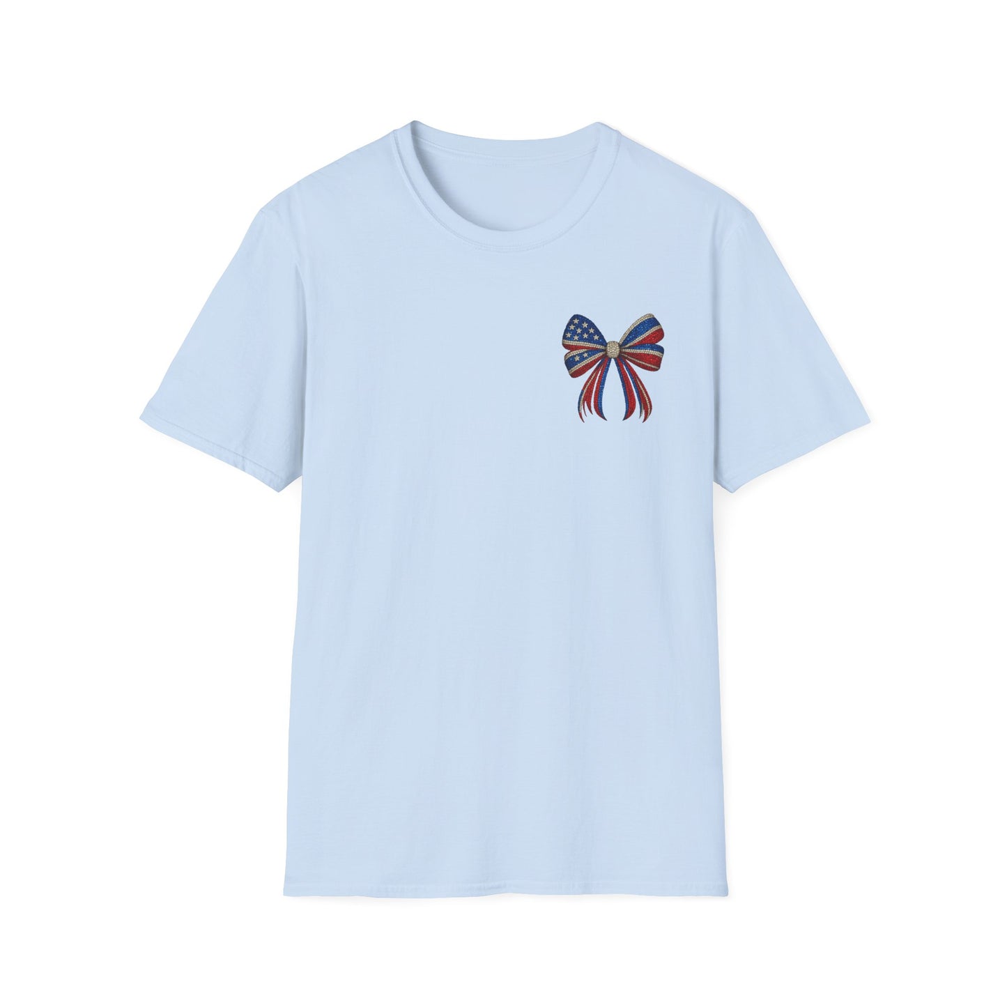 Patriotic Tee - "Land of the Free Because of the Brave" American Flag Bow