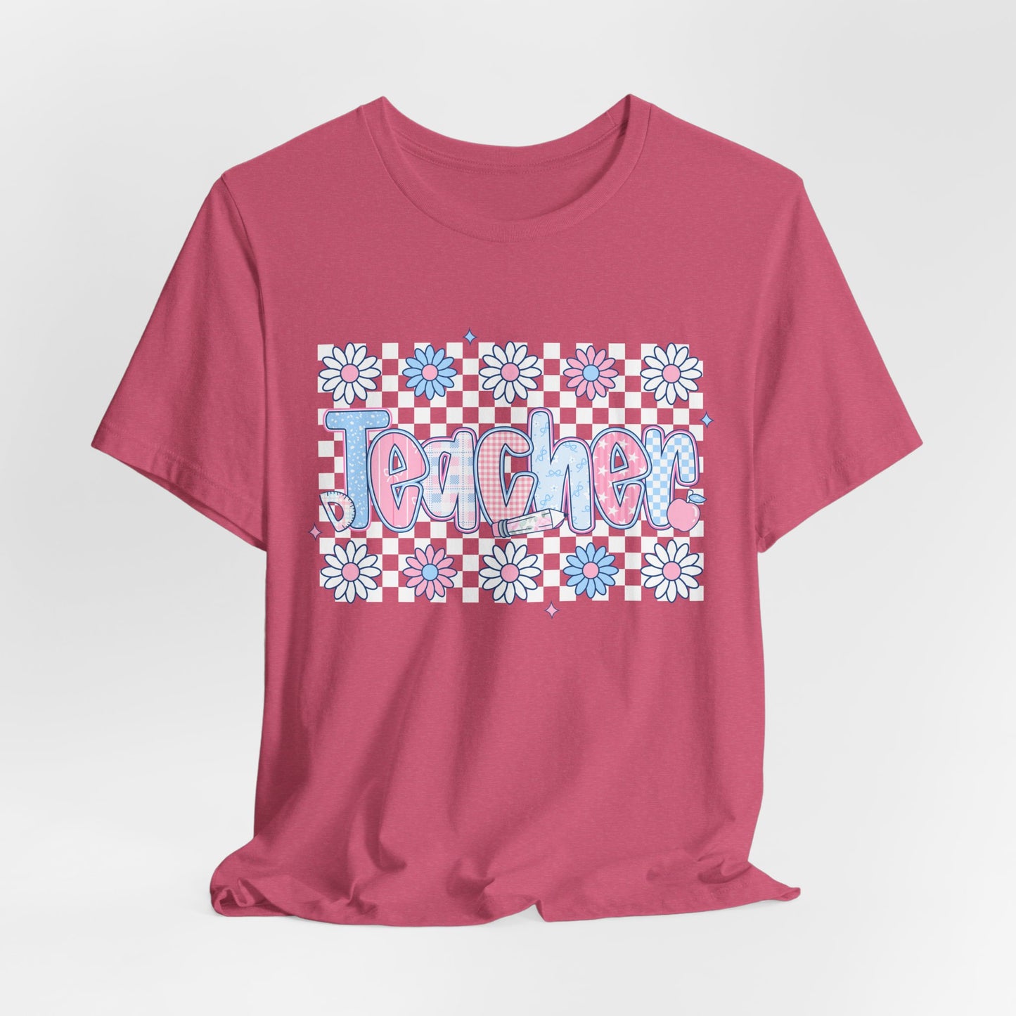 Teacher Daisy Graphic Tee – Cute Pink & Blue Floral Classroom Shirt
