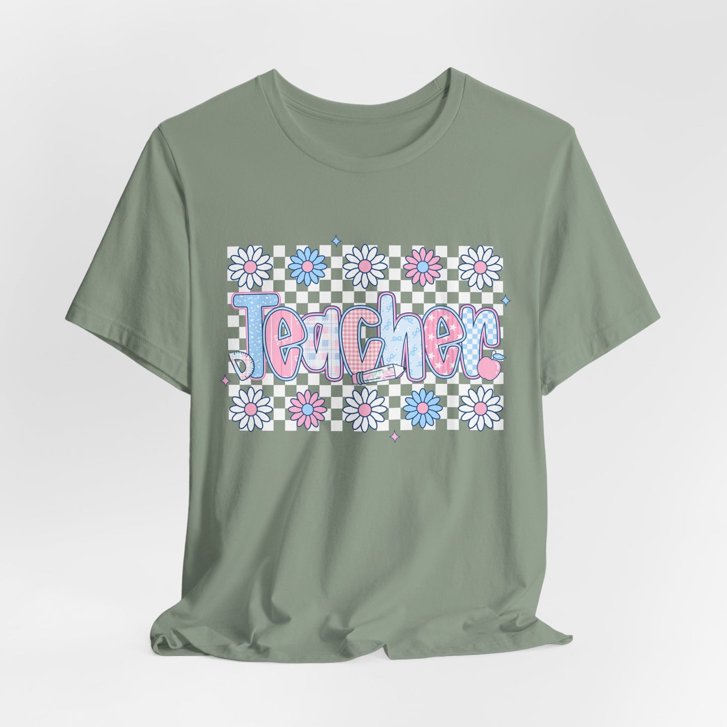 Teacher Daisy Graphic Tee – Cute Pink & Blue Floral Classroom Shirt