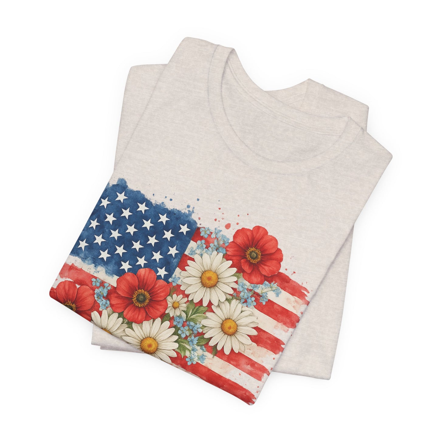 American Flag Floral T‑Shirt – Patriotic Daisy & Poppy USA Tee