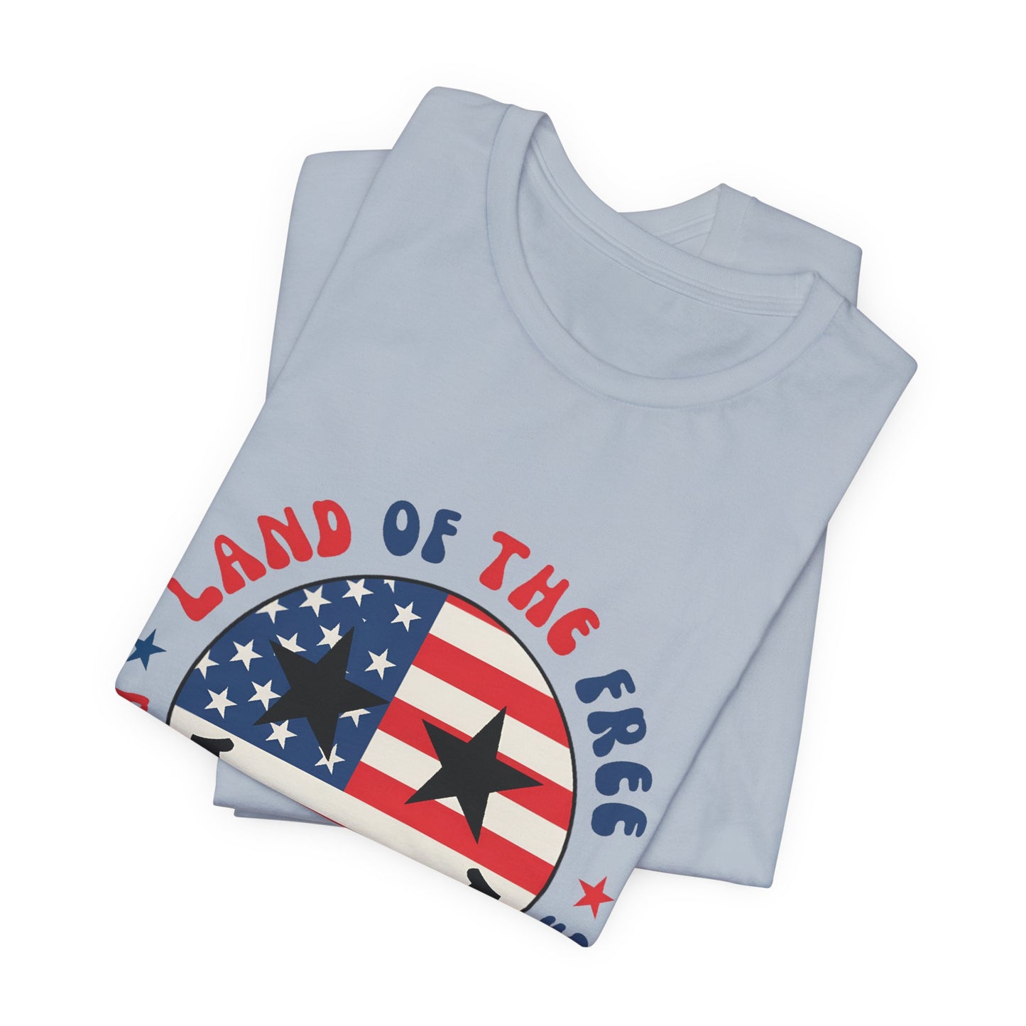 Patriotic Smiley Tee - "Land of the Free Because of the Brave" American Flag Shirt