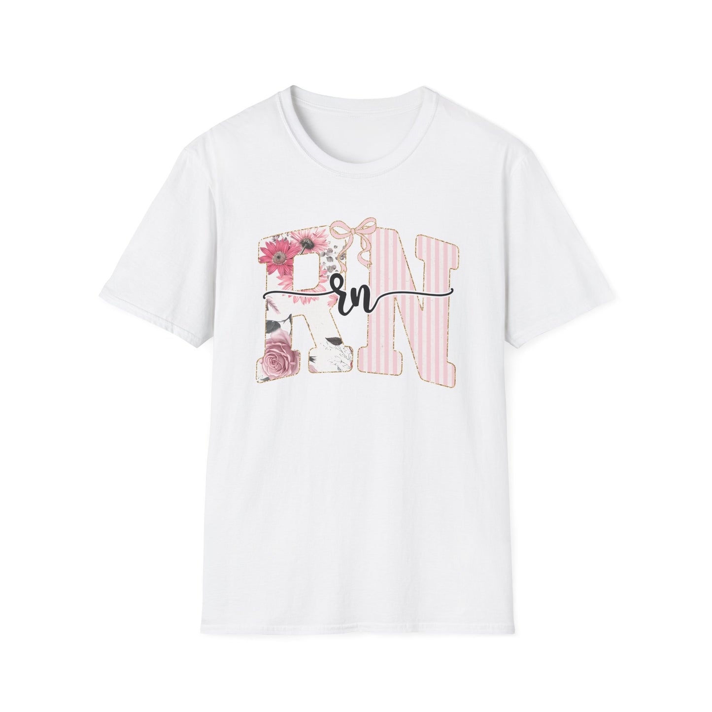 T-Shirt — RN Floral Script Design (Pink Stripes & Roses)