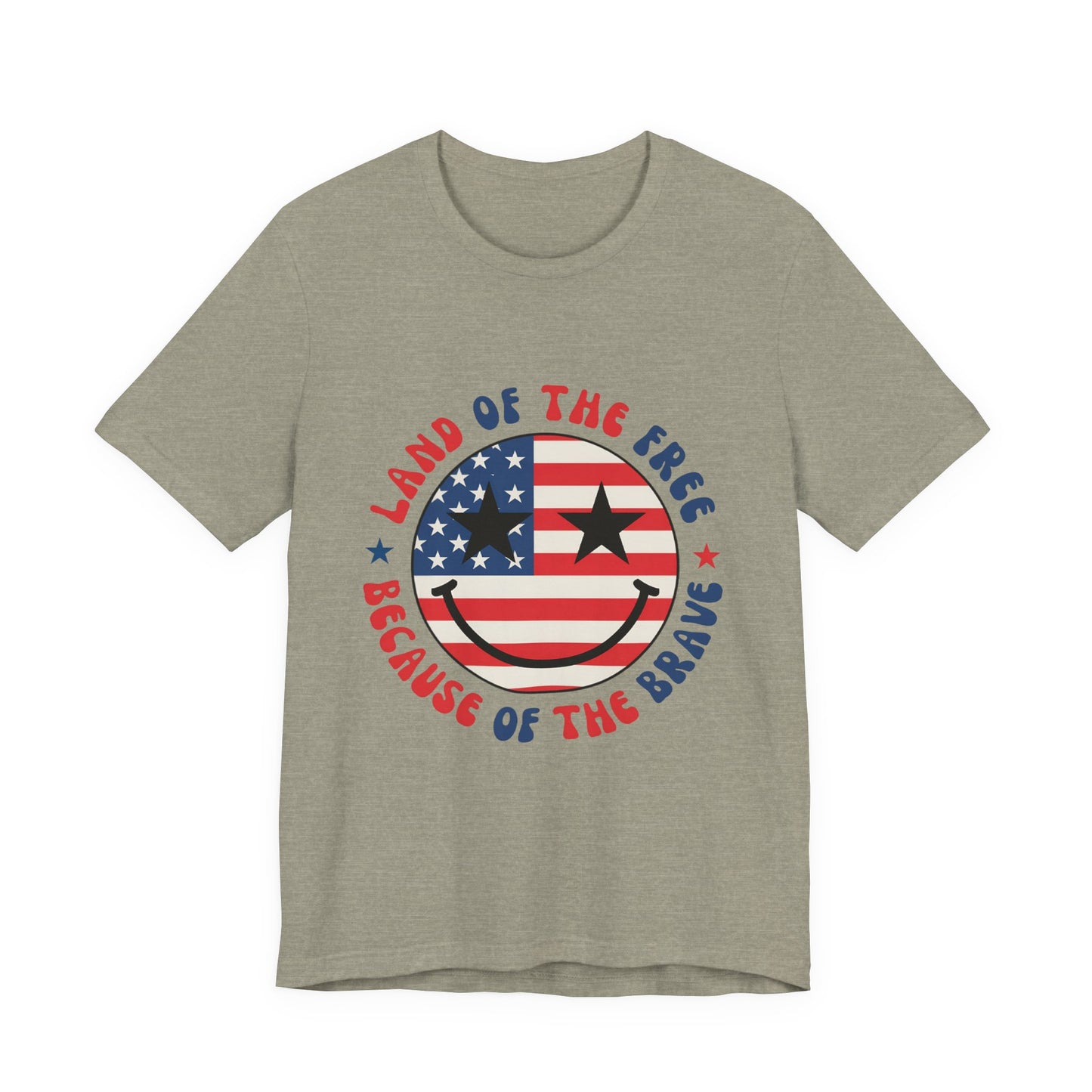 Patriotic Smiley Tee - "Land of the Free Because of the Brave" American Flag Shirt