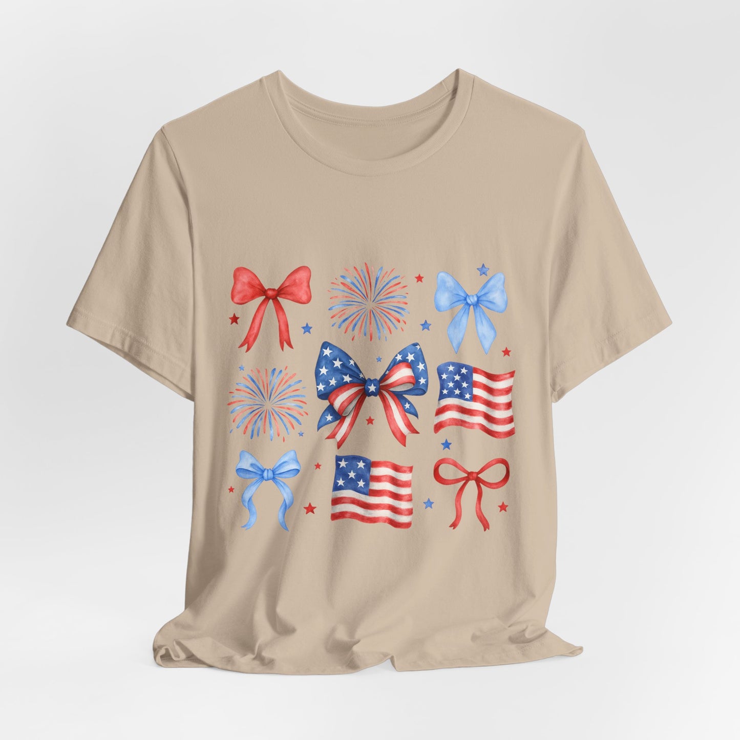 Patriotic Bows & Flags Tee — 4th of July Fireworks Graphic T-Shirt