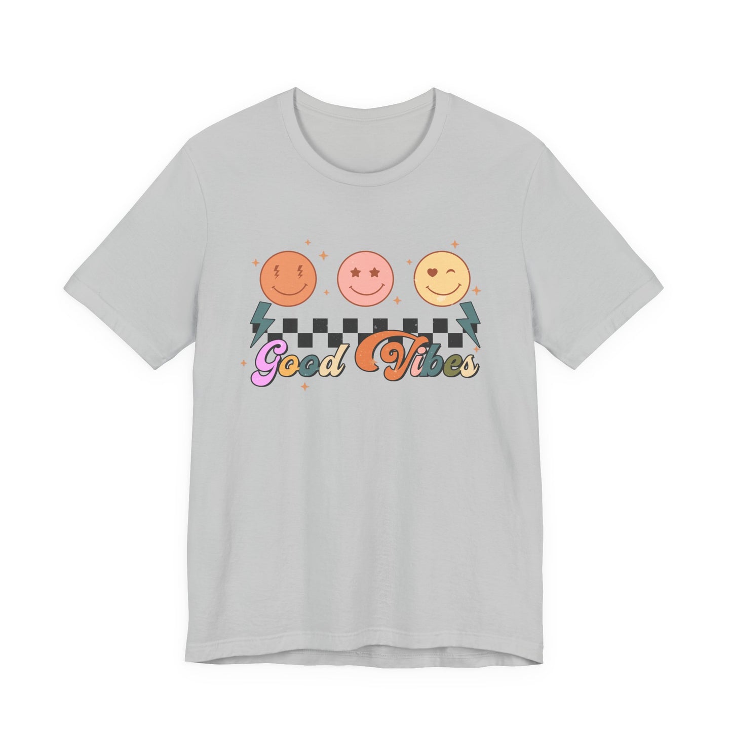 Good Vibes Smiley Tee — Retro Checkerboard Positive Graphic T-Shirt
