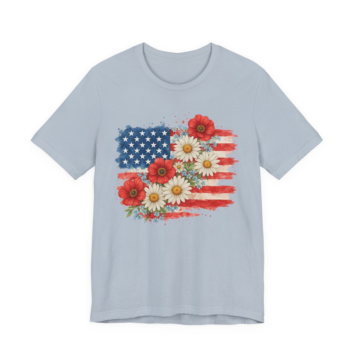 American Flag Floral T‑Shirt – Patriotic Daisy & Poppy USA Tee