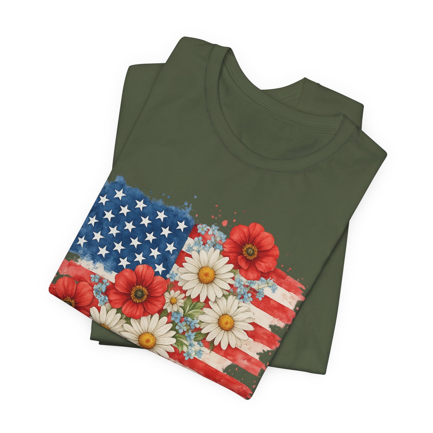American Flag Floral T‑Shirt – Patriotic Daisy & Poppy USA Tee