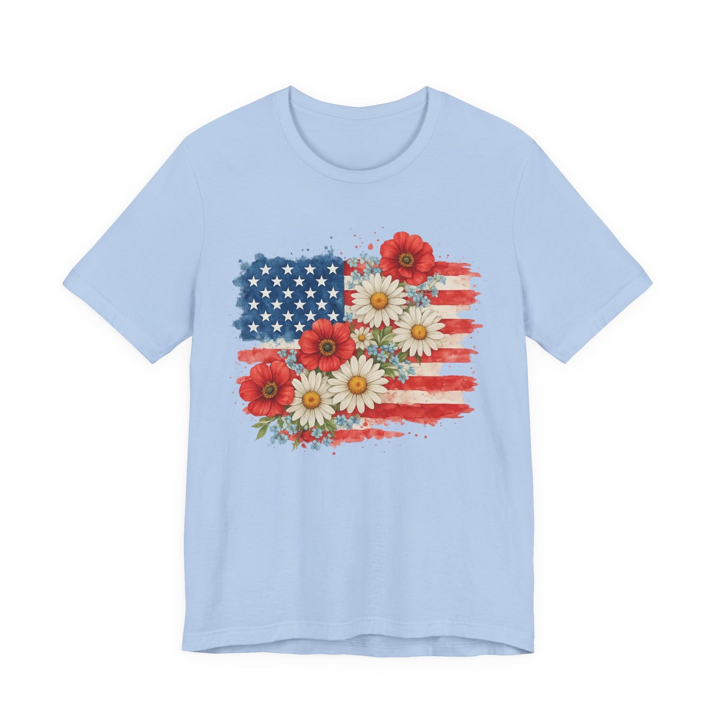 American Flag Floral T‑Shirt – Patriotic Daisy & Poppy USA Tee