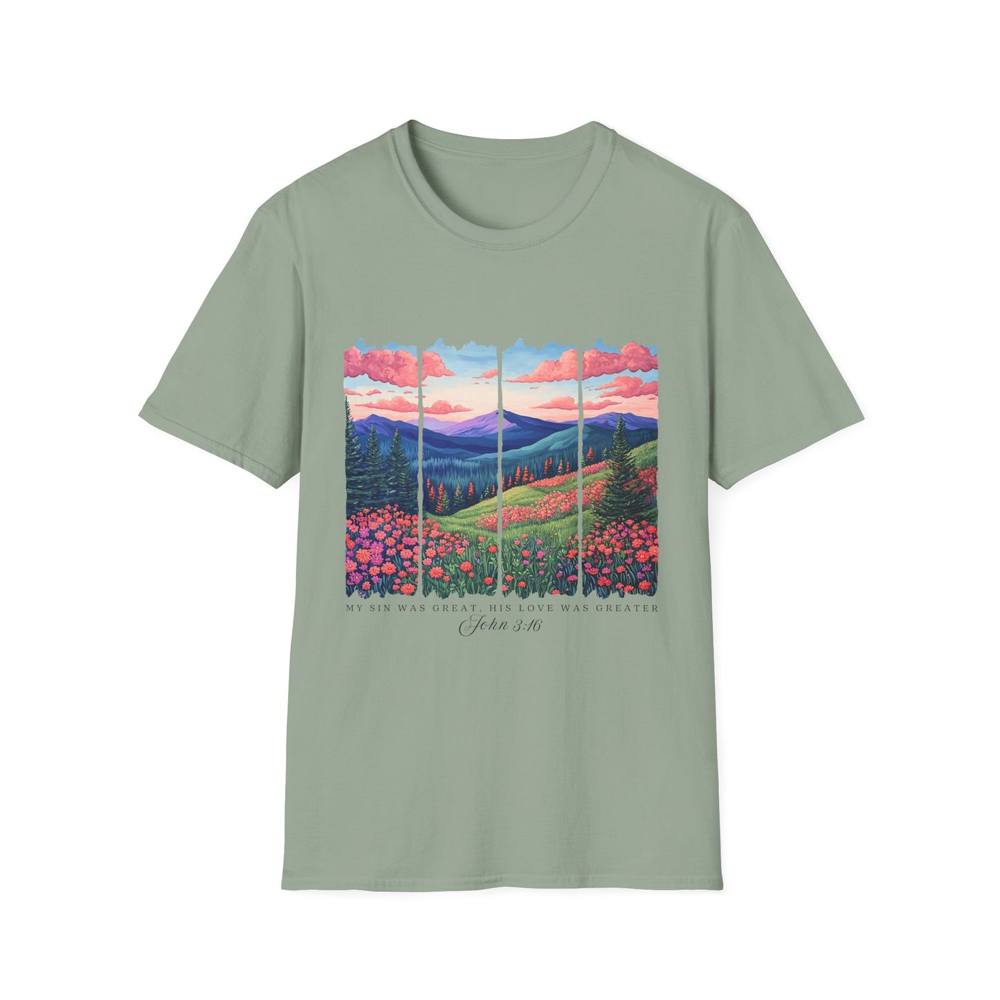 Scenic Mountain Sunset T-Shirt — Wildflower Valley Landscape Tee