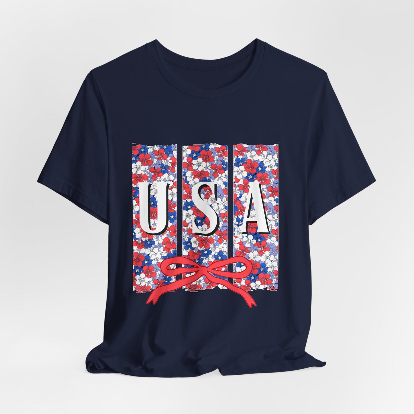 USA Floral Flag T-Shirt — Patriotic Red White Blue Tee (4th of July)