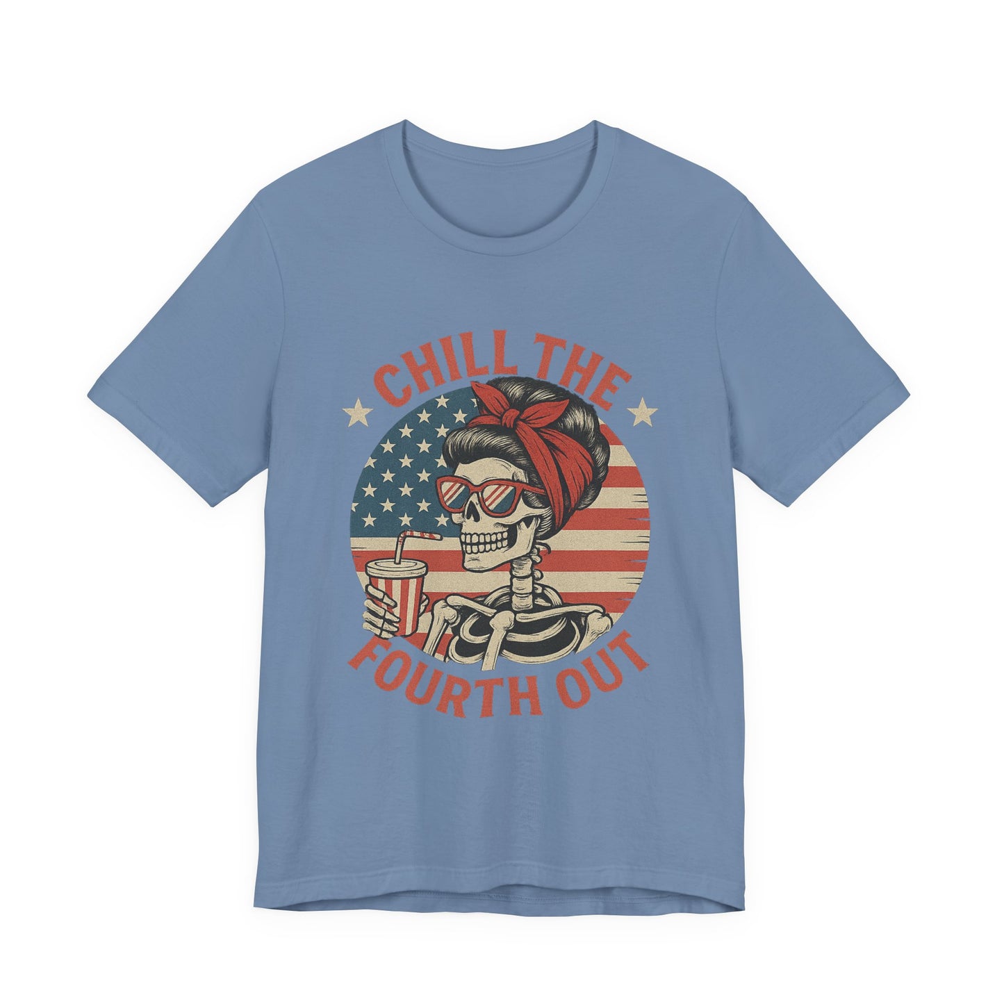 Chill the Fourth Out Tee – Retro Skull with American Flag & Drink | 4th of July Patriotic Shirt