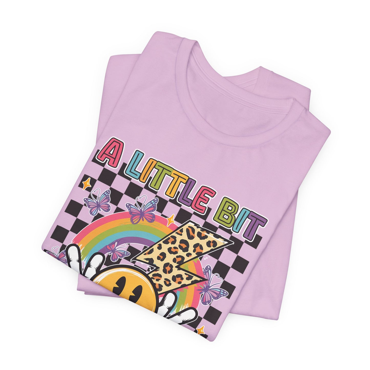 A Little Bit Dramatic Graphic Tee — Smiley Rainbow Checkerboard T-Shirt
