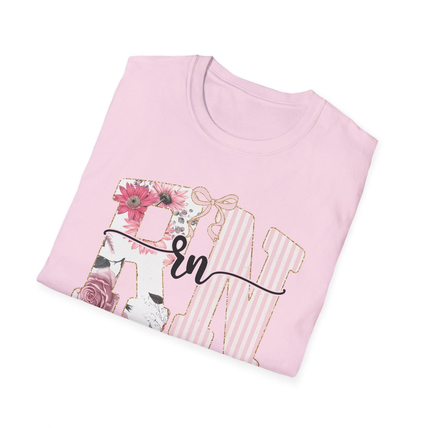 T-Shirt — RN Floral Script Design (Pink Stripes & Roses)