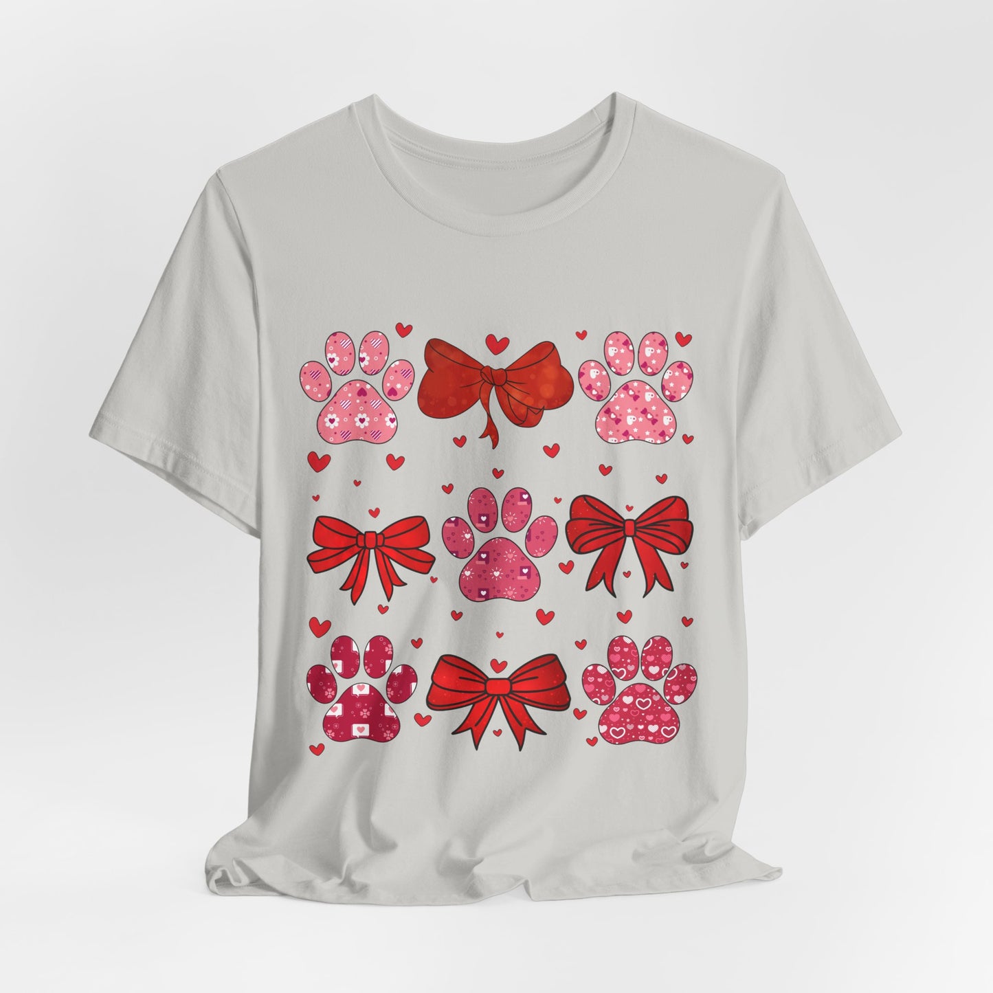 Valentine Paw Prints T‑Shirt — Cute Red Bows & Hearts Pet Lover Tee