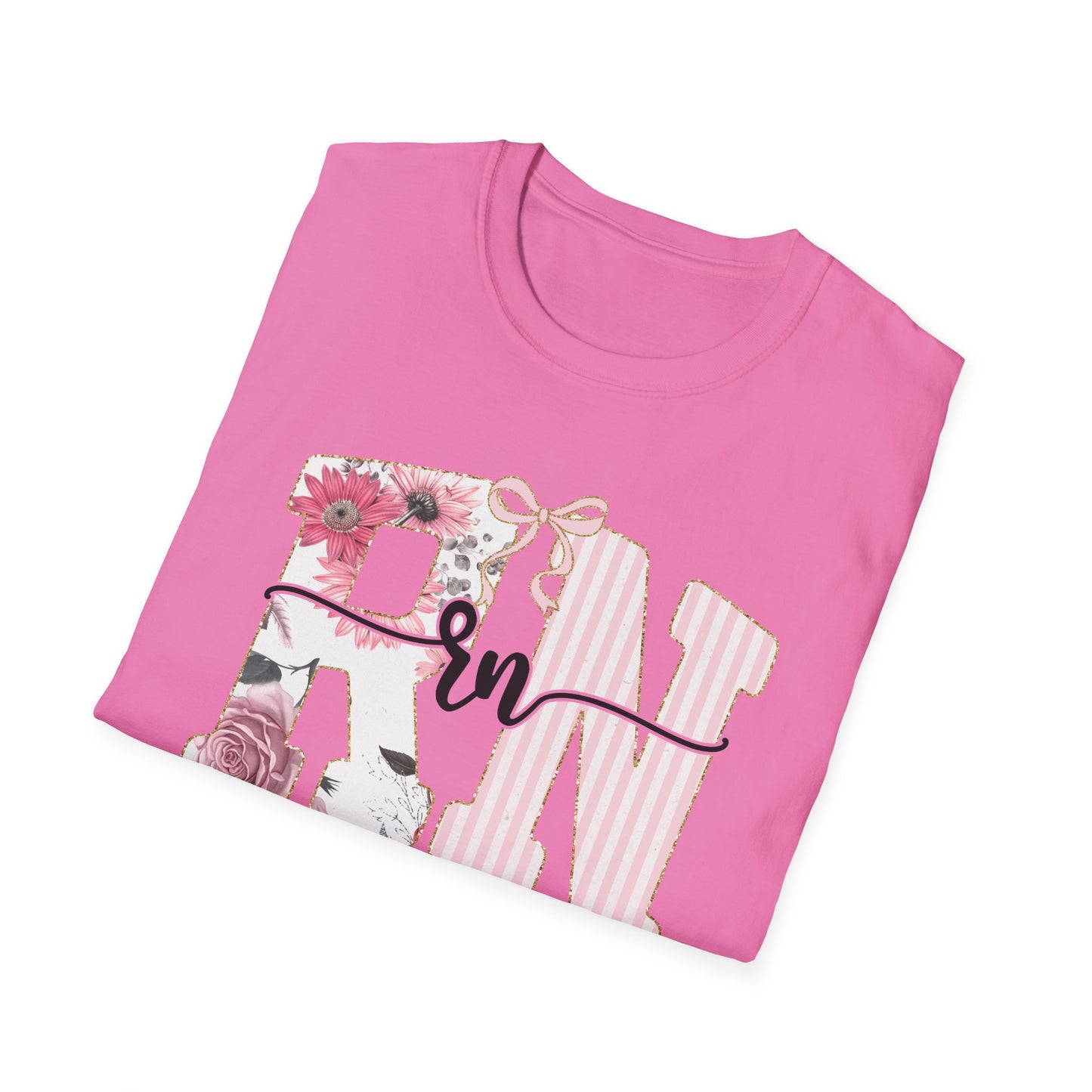 T-Shirt — RN Floral Script Design (Pink Stripes & Roses)