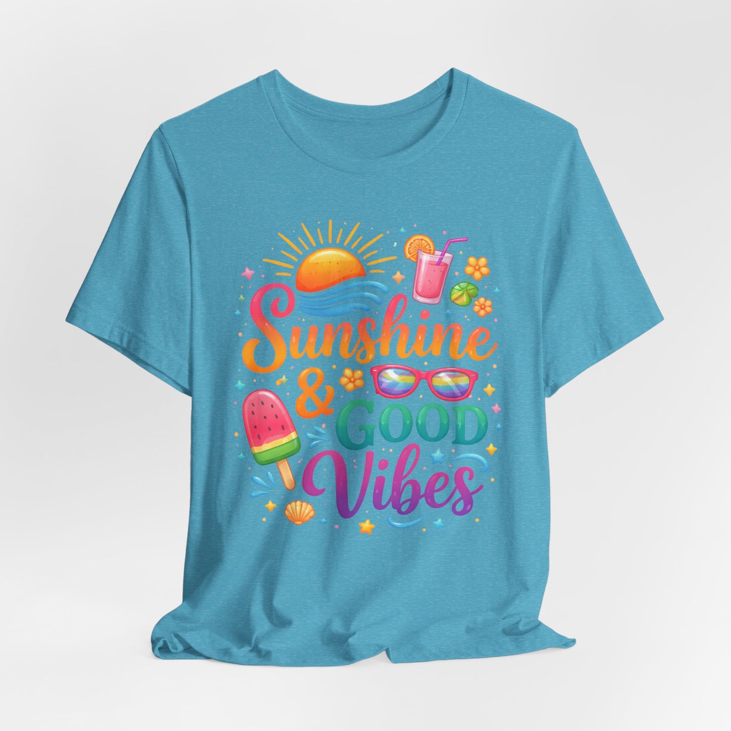 Sunshine & Good Vibes T-Shirt | Summer Beach Drink Sunglasses Popsicle Design