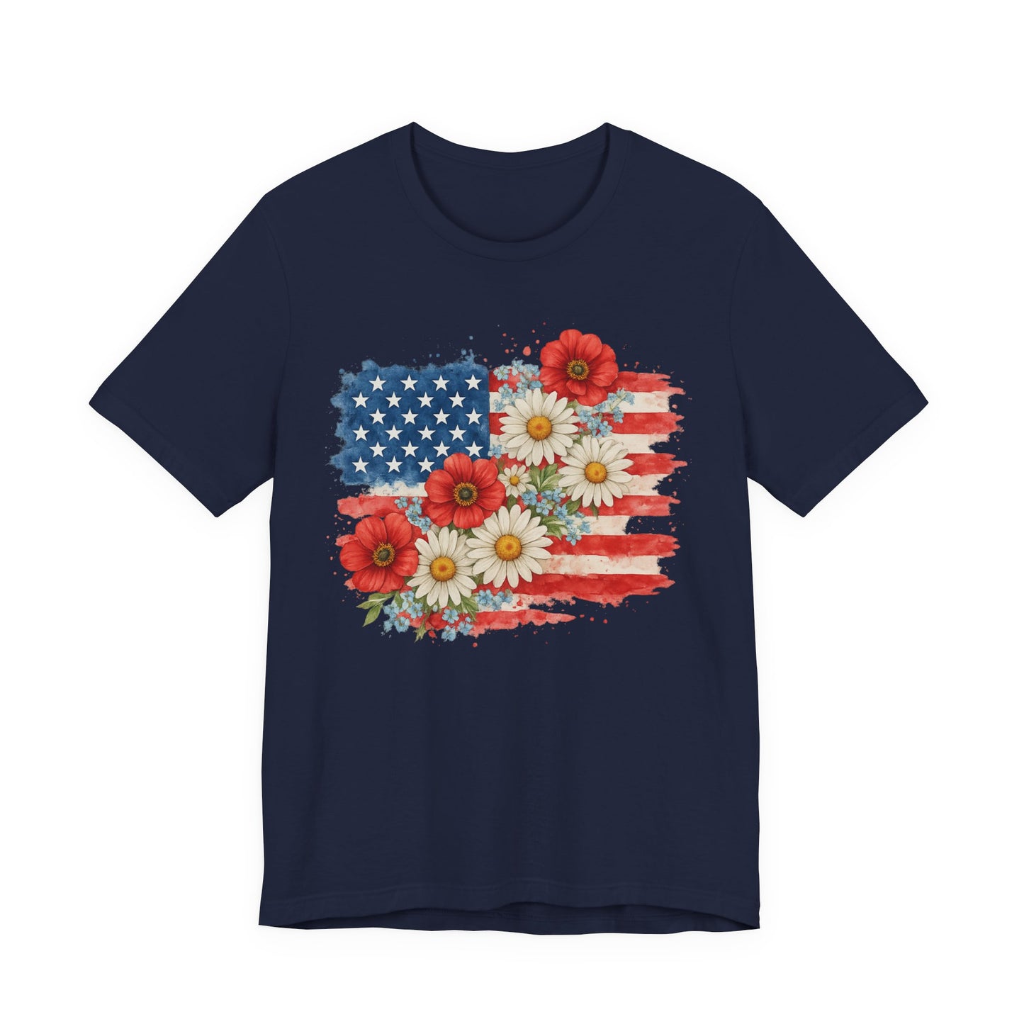 American Flag Floral T‑Shirt – Patriotic Daisy & Poppy USA Tee