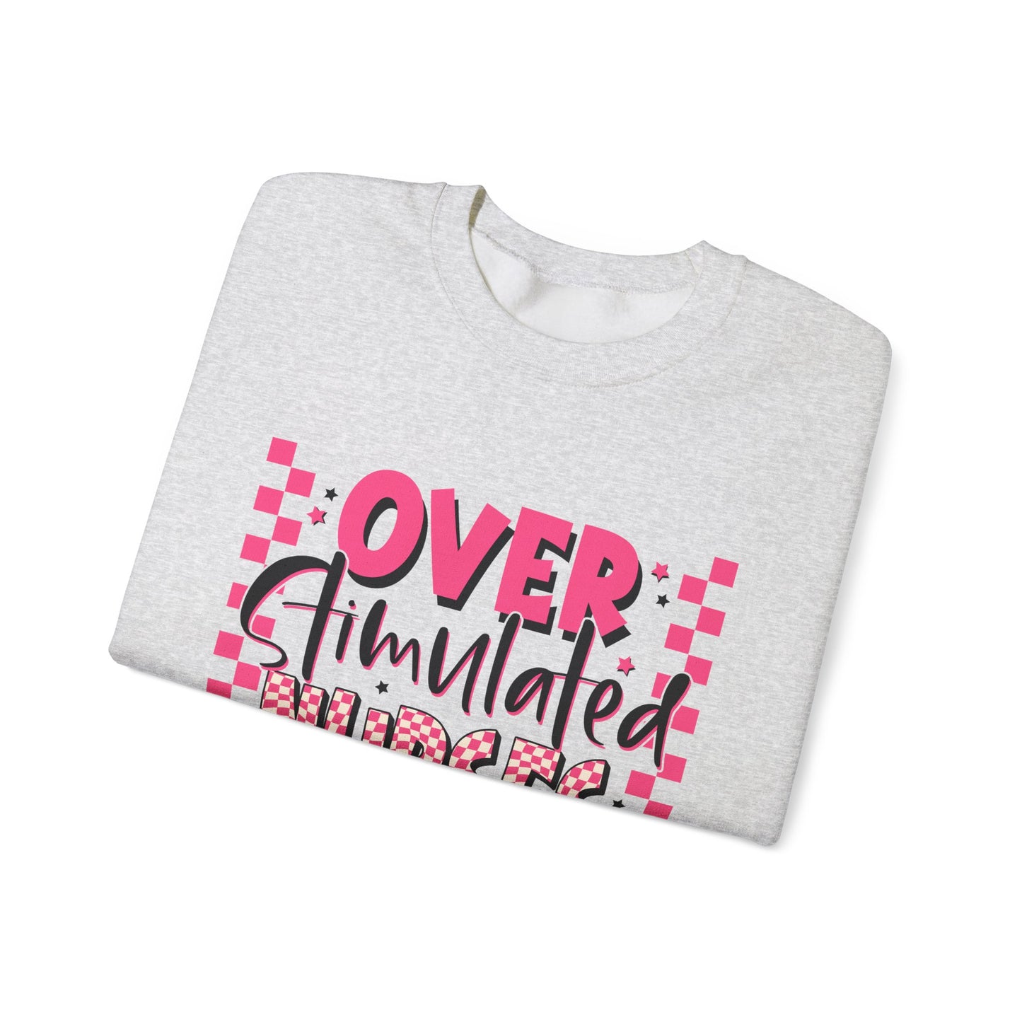 Crewneck Sweatshirt — "Overstimulated Nurses Club" Pink Checker Graphic