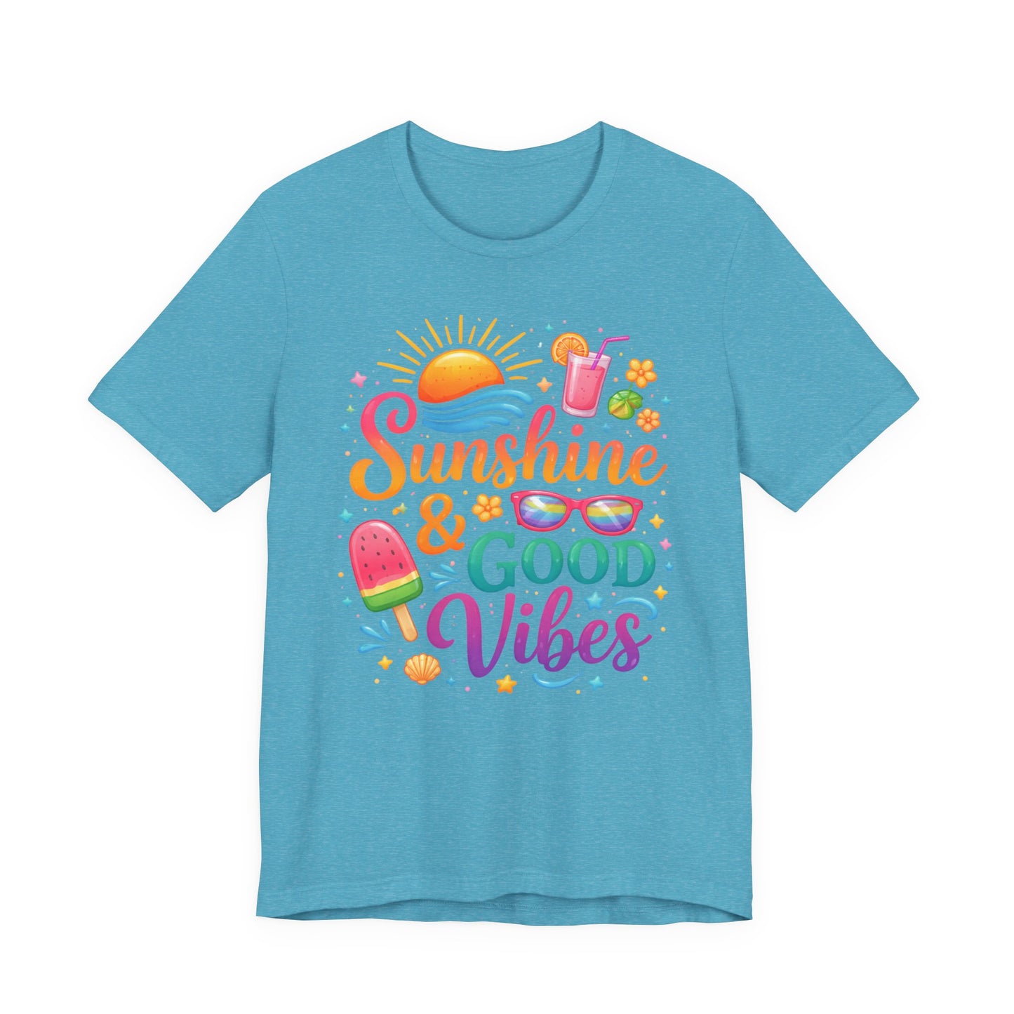 Sunshine & Good Vibes T-Shirt | Summer Beach Drink Sunglasses Popsicle Design