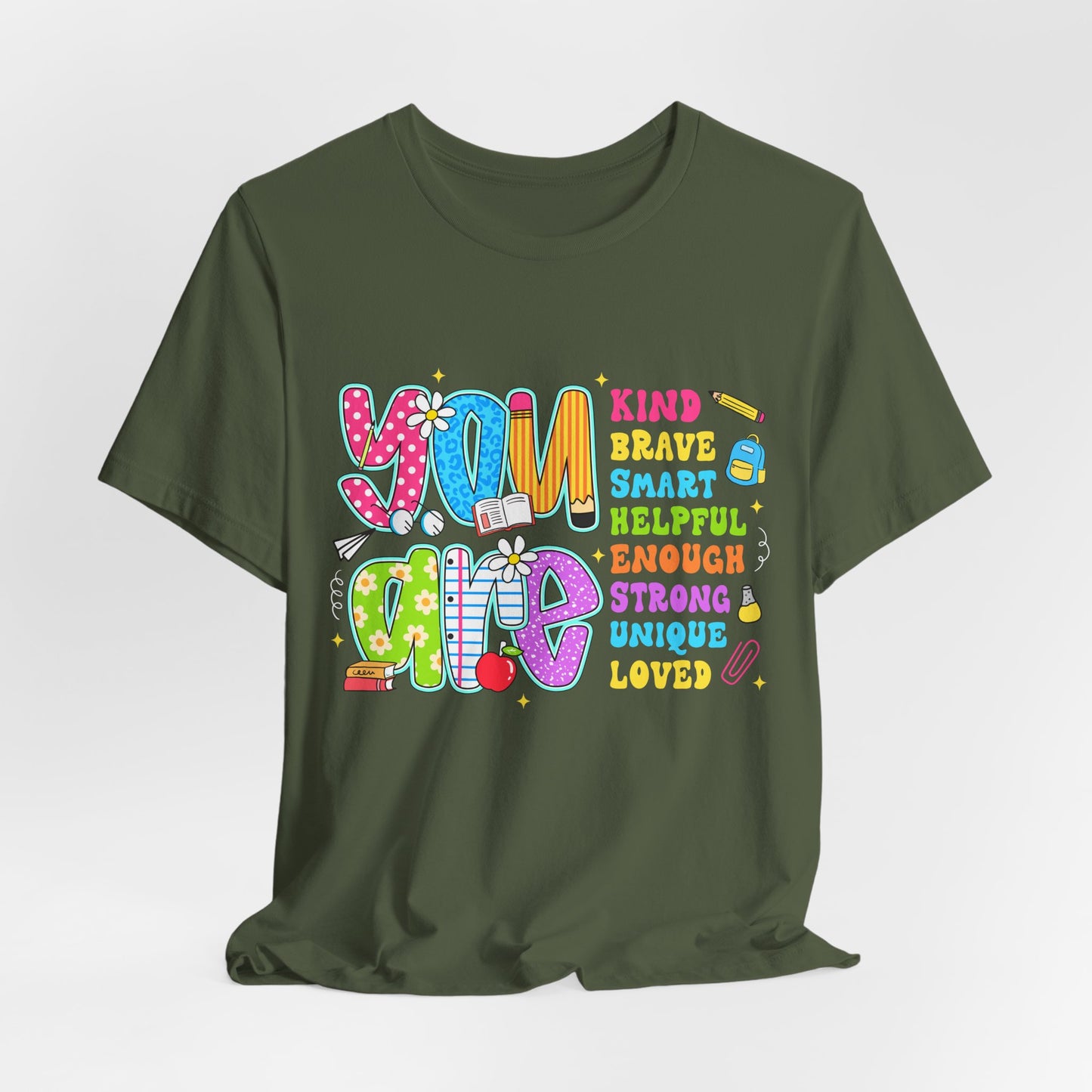 You Are Loved Kids T-Shirt — Colorful Positive Affirmation Tee (You Are Kind, Brave, Smart)