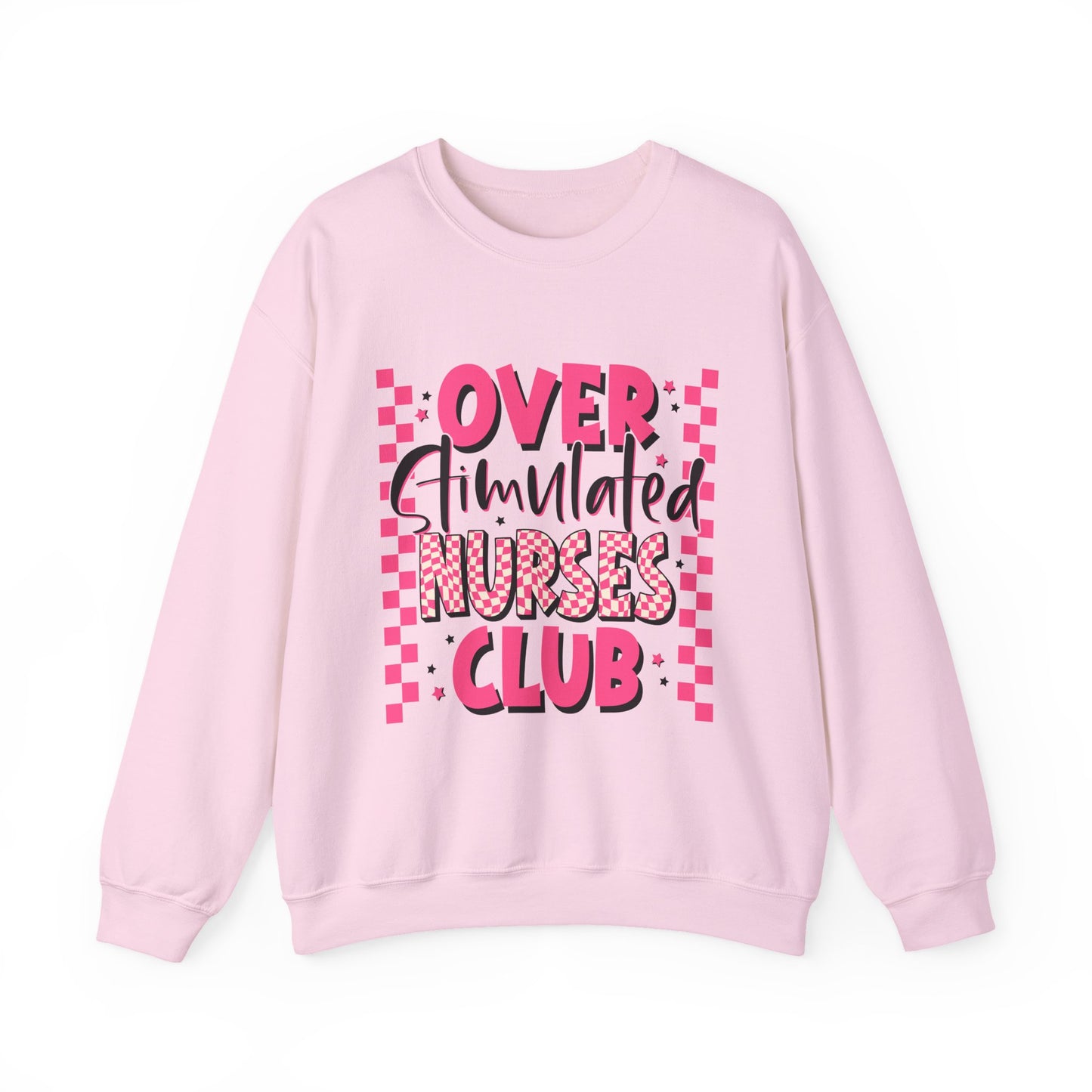 Crewneck Sweatshirt — "Overstimulated Nurses Club" Pink Checker Graphic