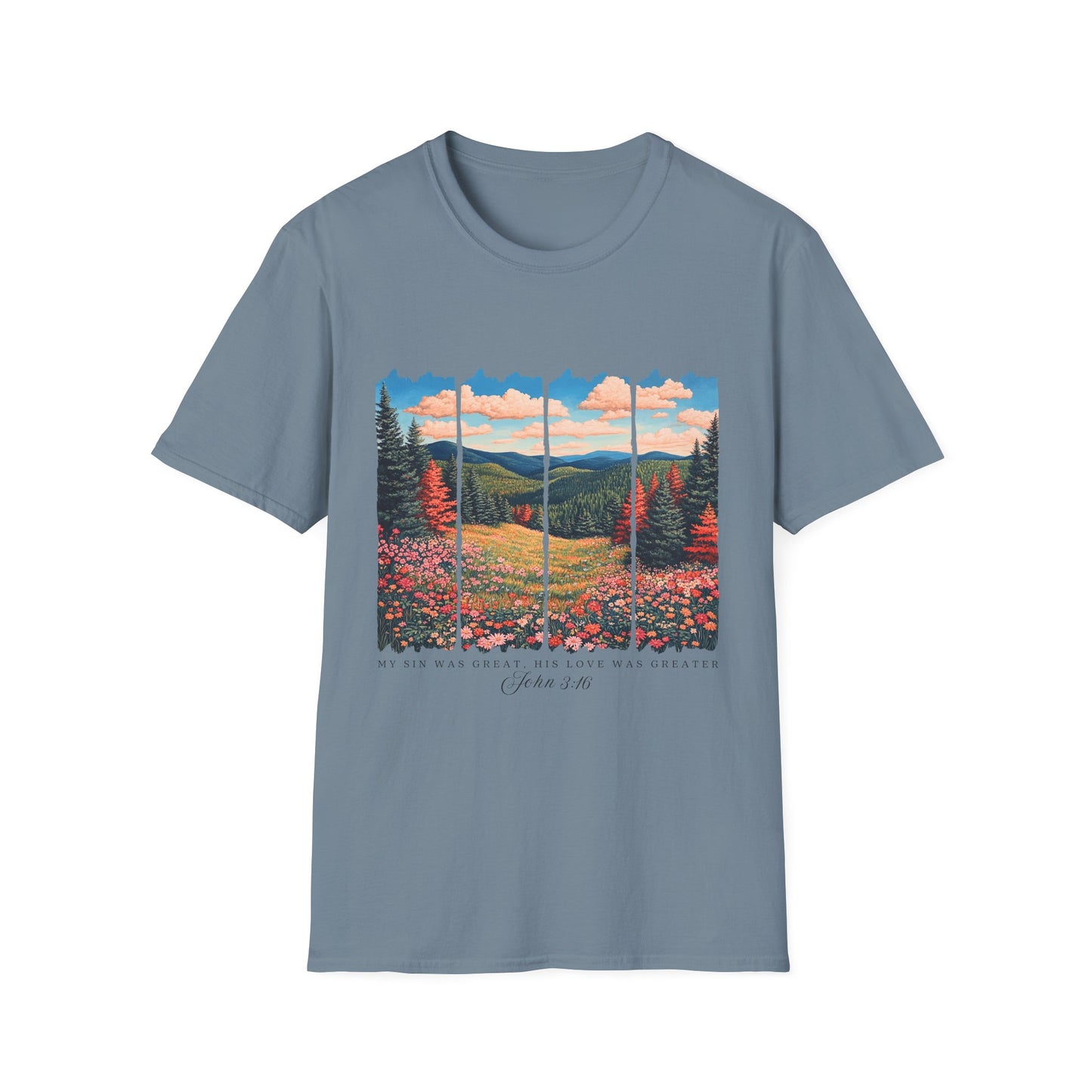 Scenic Meadow Sunrise T-Shirt — Vintage Window Pane Mountain Landscape Tee