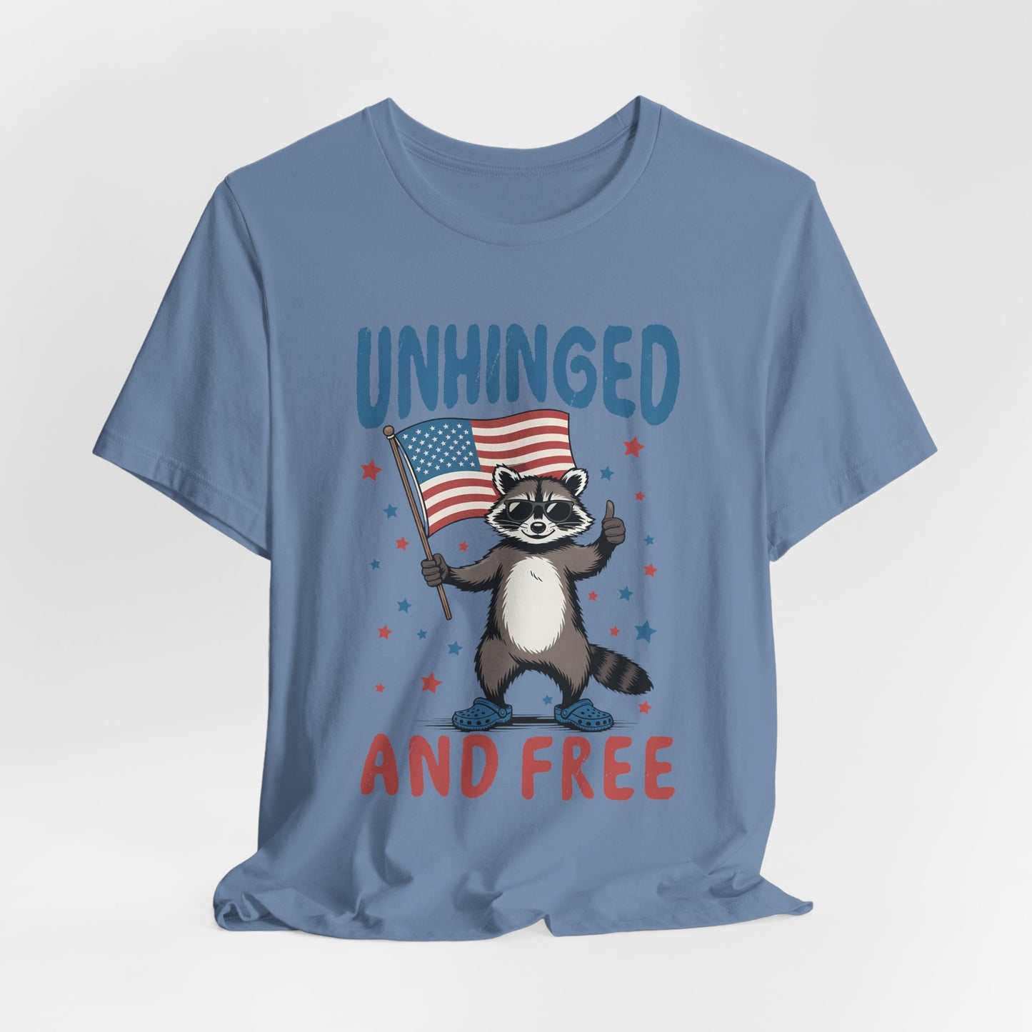 T‑Shirt — "Unhinged and Free" Raccoon American Flag Graphic Tee