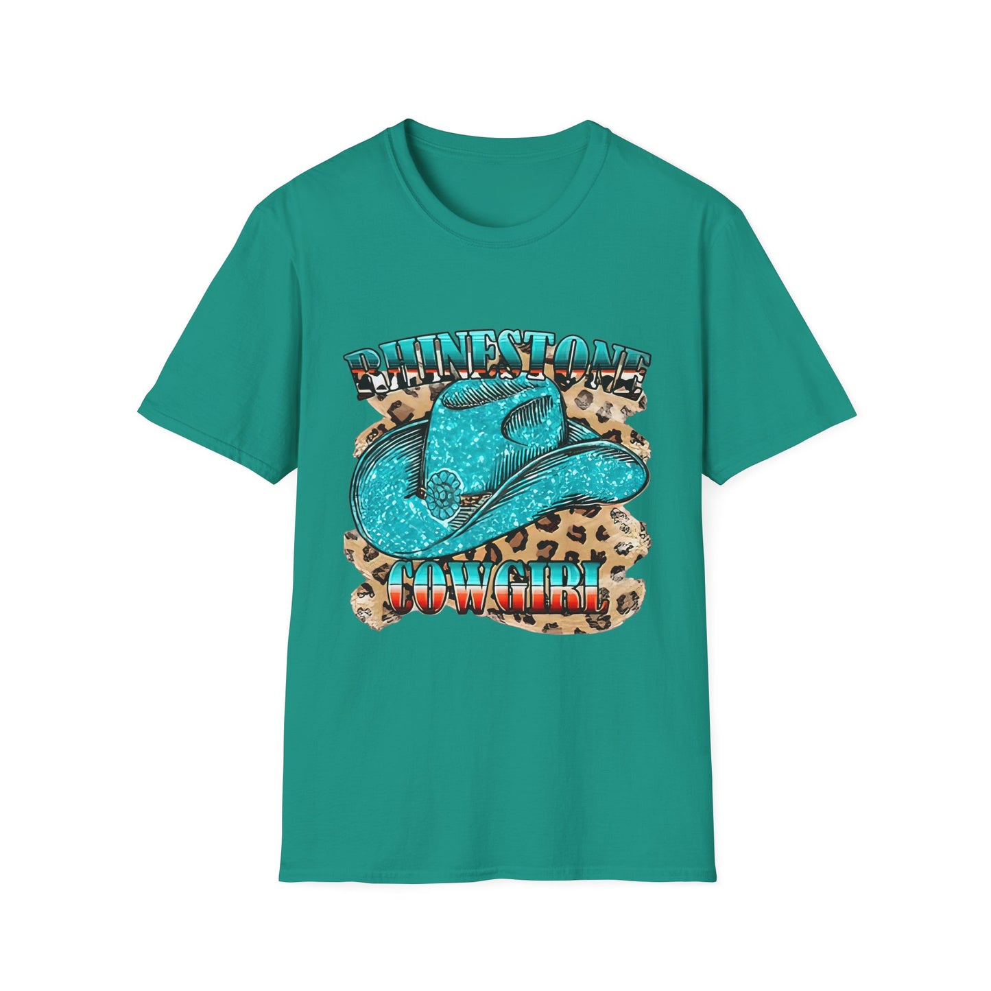 Rhinestone Cowgirl Tee – Turquoise Cowboy Hat on Leopard Print