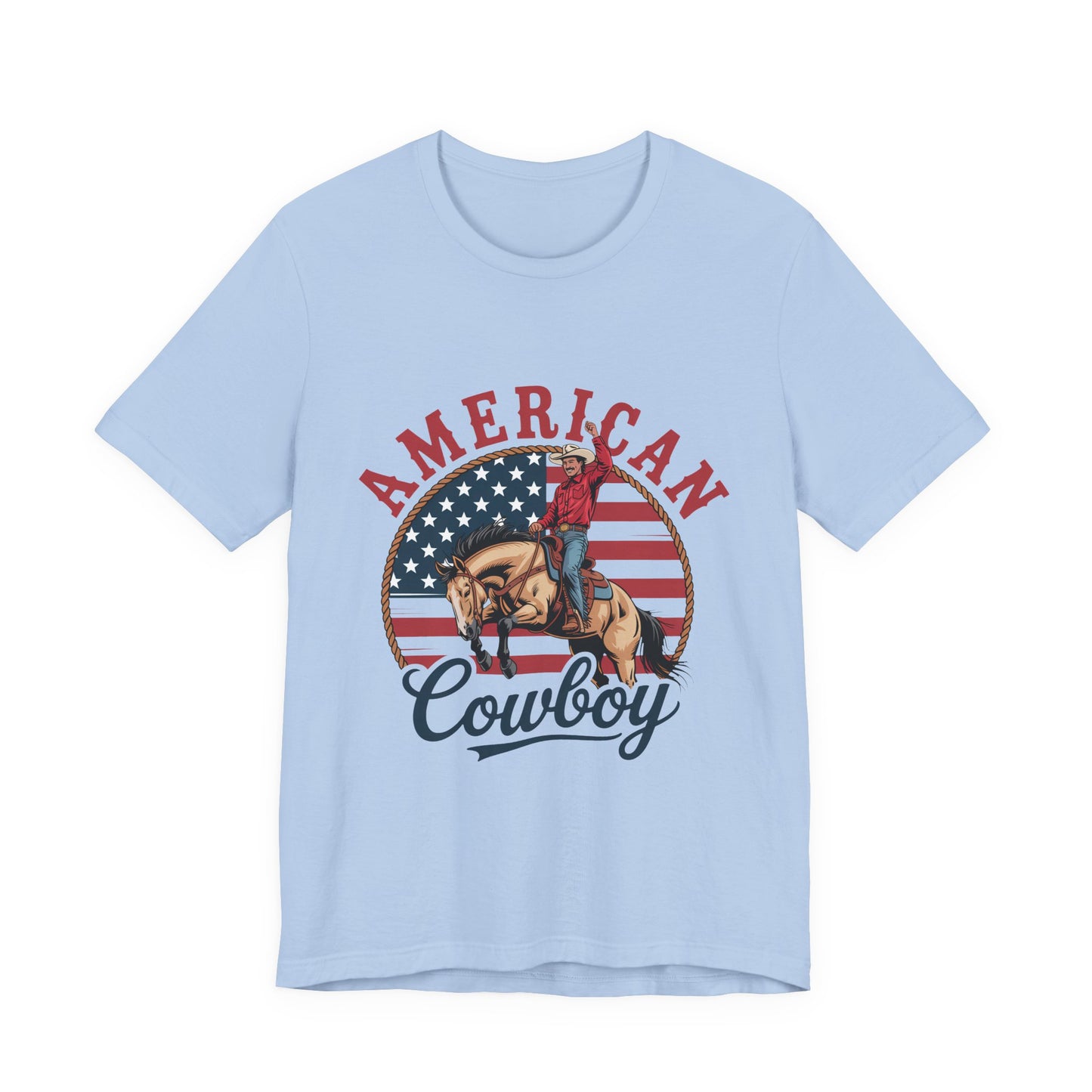 American Cowboy T-Shirt – patriotic rodeo tee with flag and rider