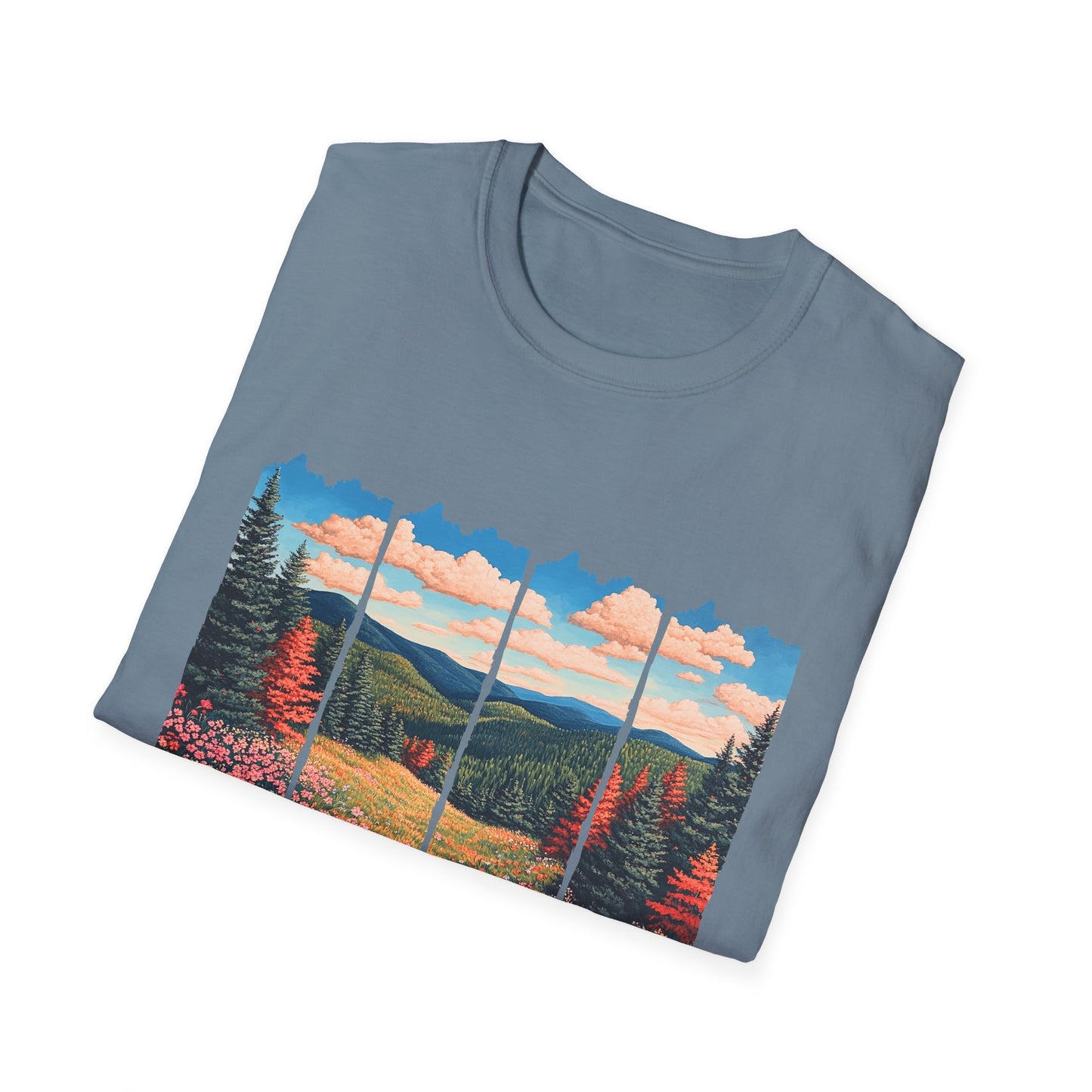 Scenic Meadow Sunrise T-Shirt — Vintage Window Pane Mountain Landscape Tee
