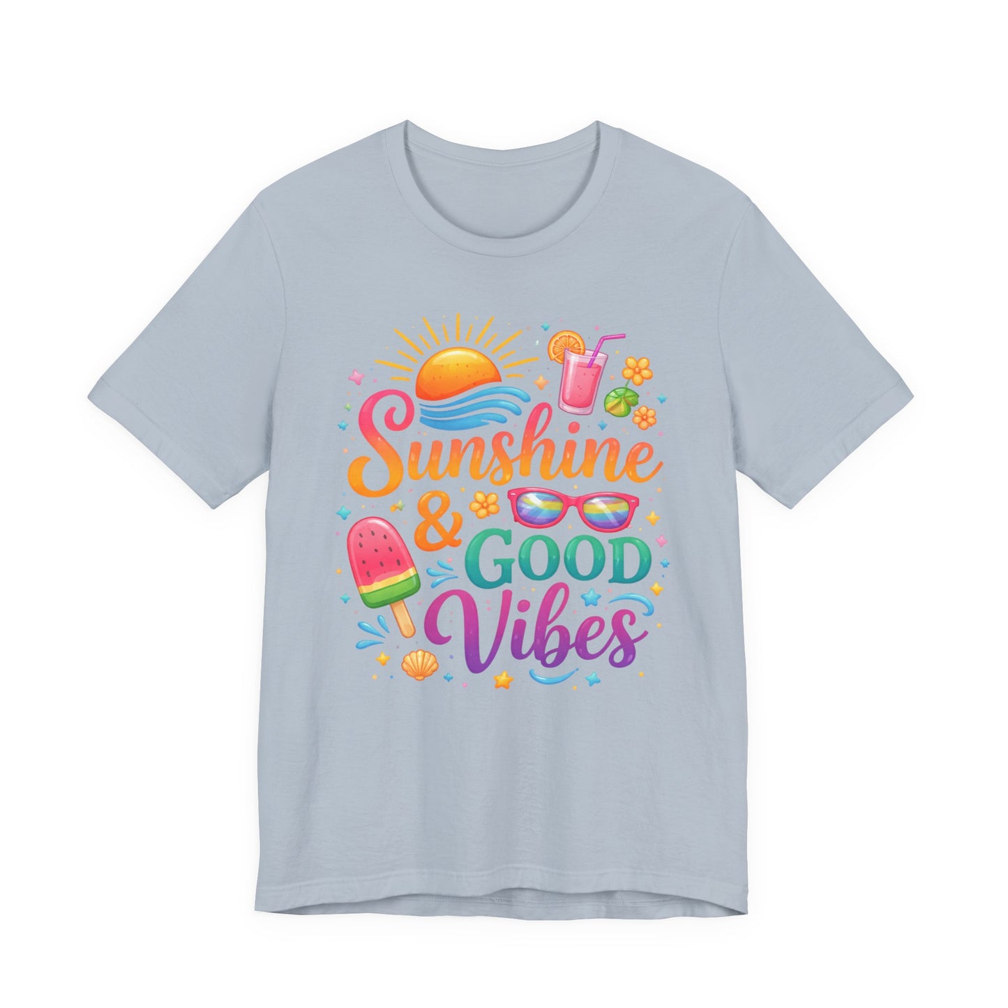 Sunshine & Good Vibes T-Shirt | Summer Beach Drink Sunglasses Popsicle Design