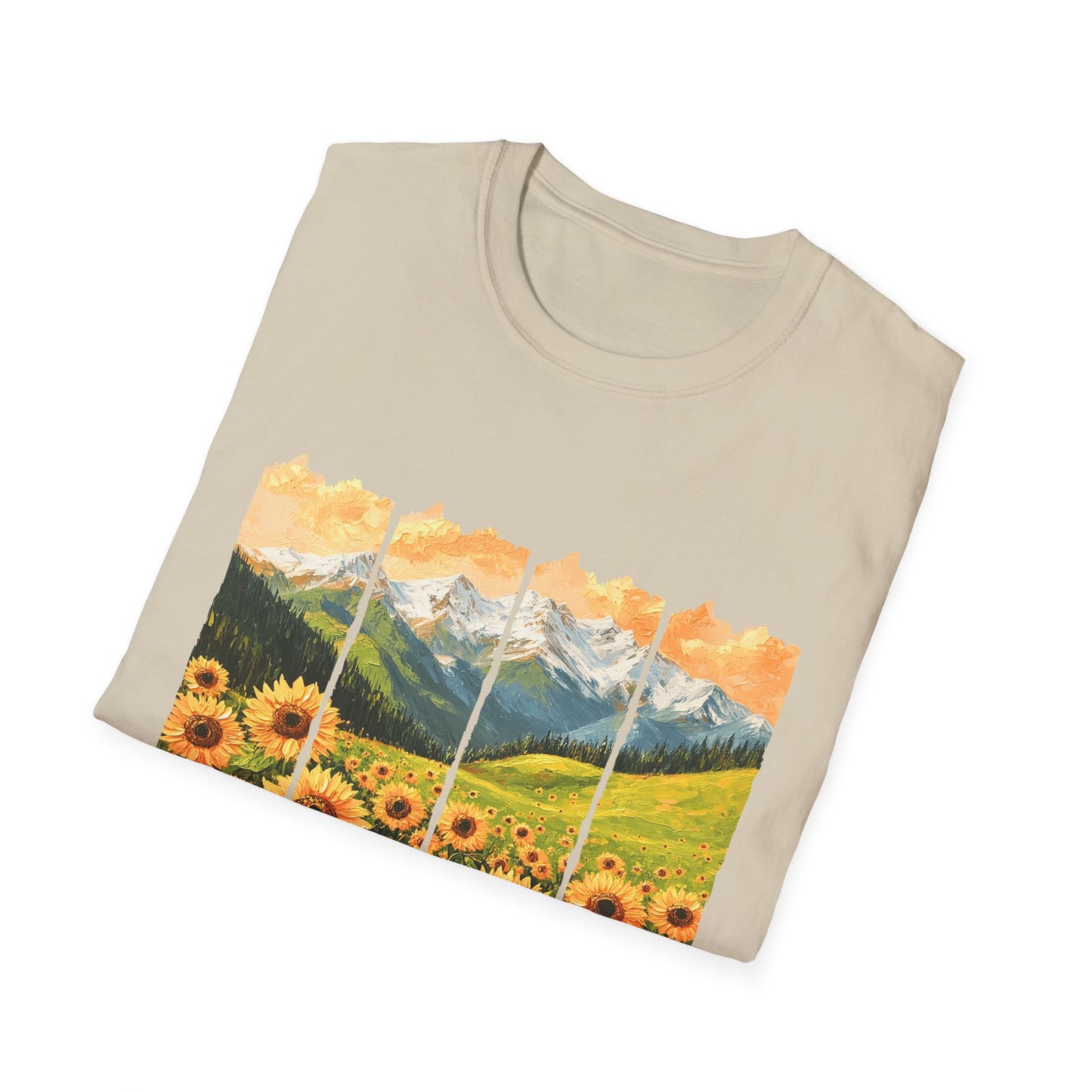 Sunflower Mountain Poster T-Shirt — Scenic Field & Peaks Graphic Tee