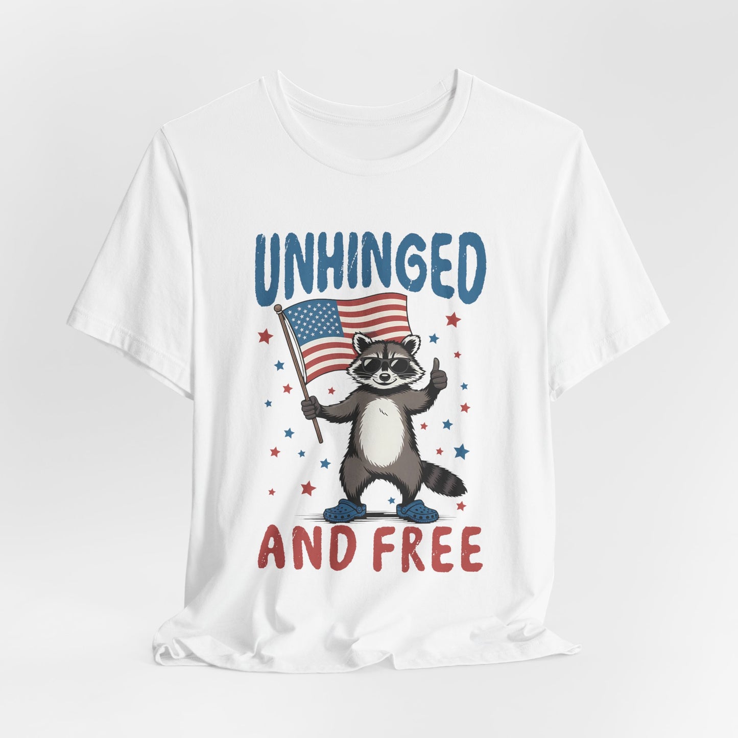 T‑Shirt — "Unhinged and Free" Raccoon American Flag Graphic Tee
