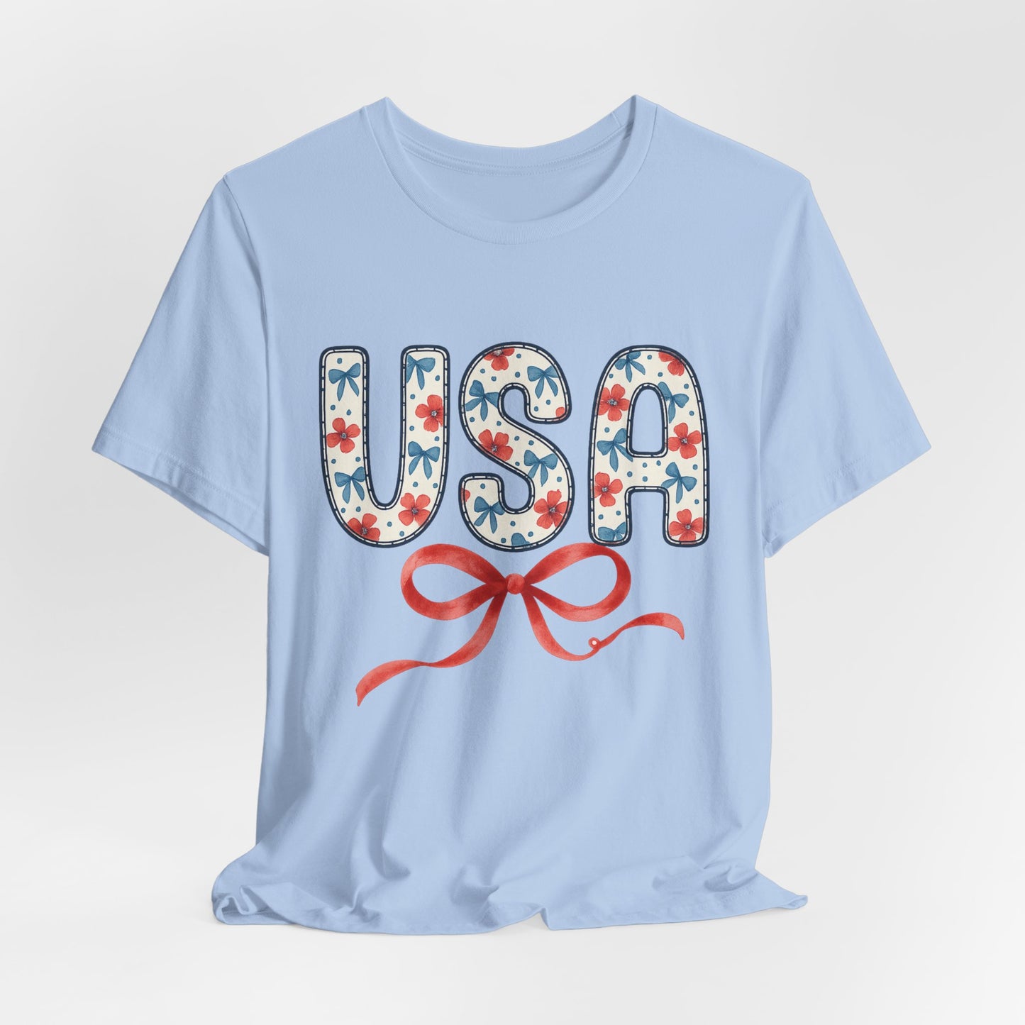USA Floral Graphic Tee with Ribbon – 4th of July Patriotic Shirt